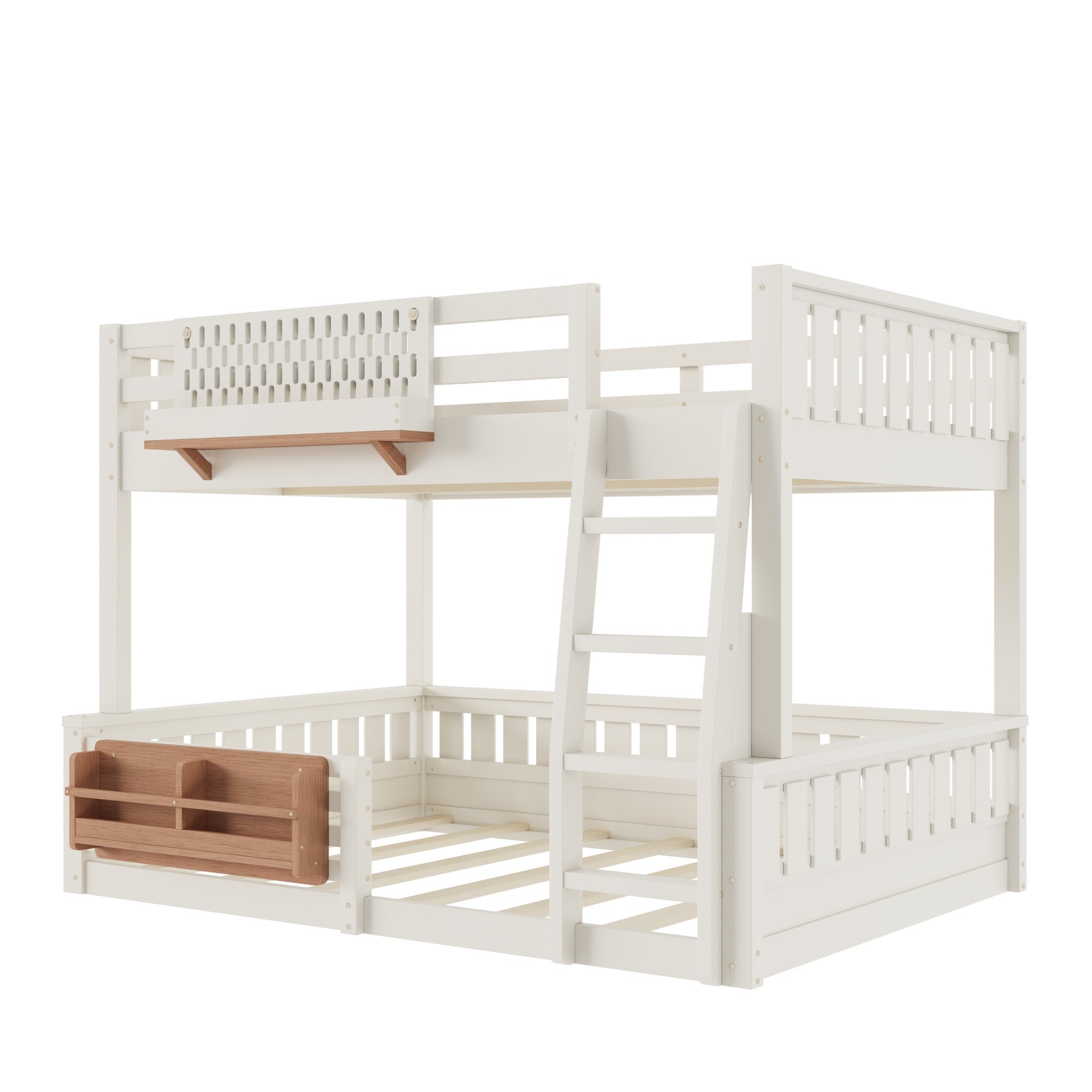 Bellemave® Bunk Bed Twin XL Over Queen with Rail and guardrail, Bunk beds with Pegboard and Bookshelf for Kids, Floor Bunk Bed with Fence, Beige - Bellemave