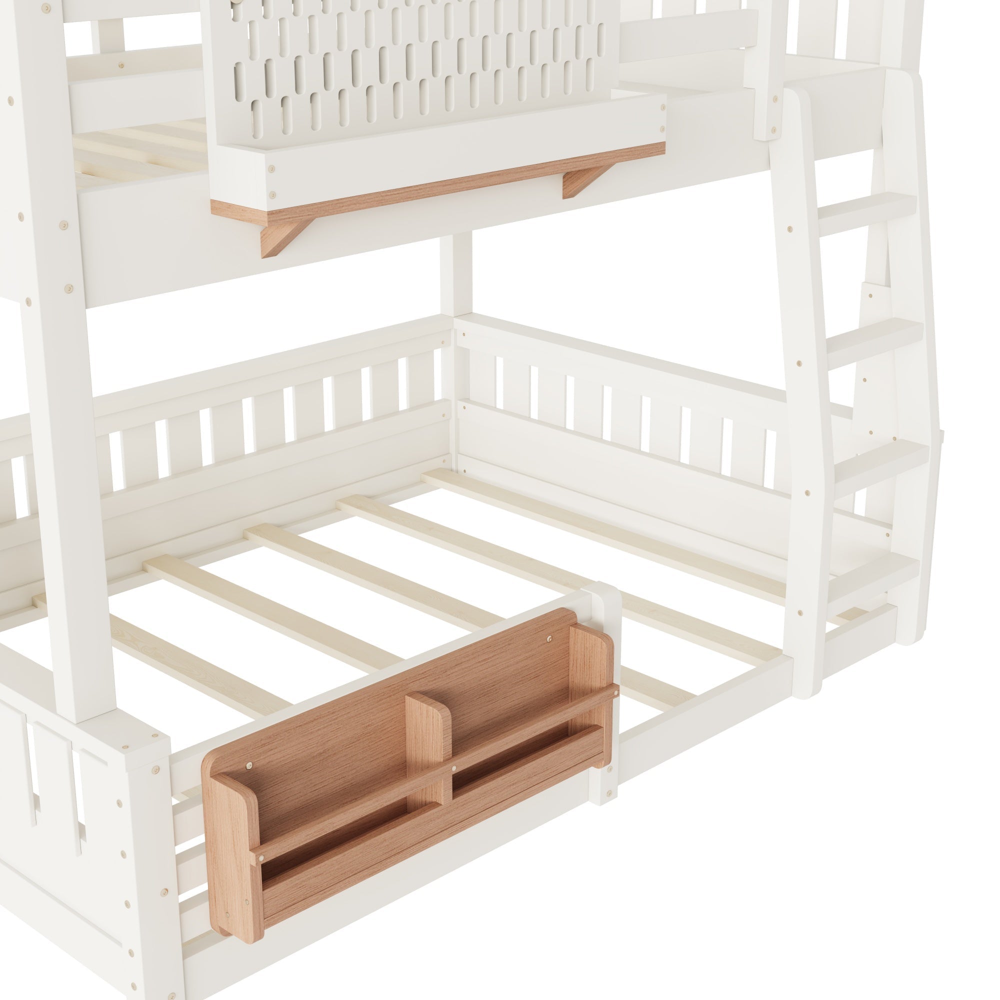 Bellemave® Bunk Bed Twin XL Over Queen with Rail and guardrail, Bunk beds with Pegboard and Bookshelf for Kids, Floor Bunk Bed with Fence, Beige - Bellemave