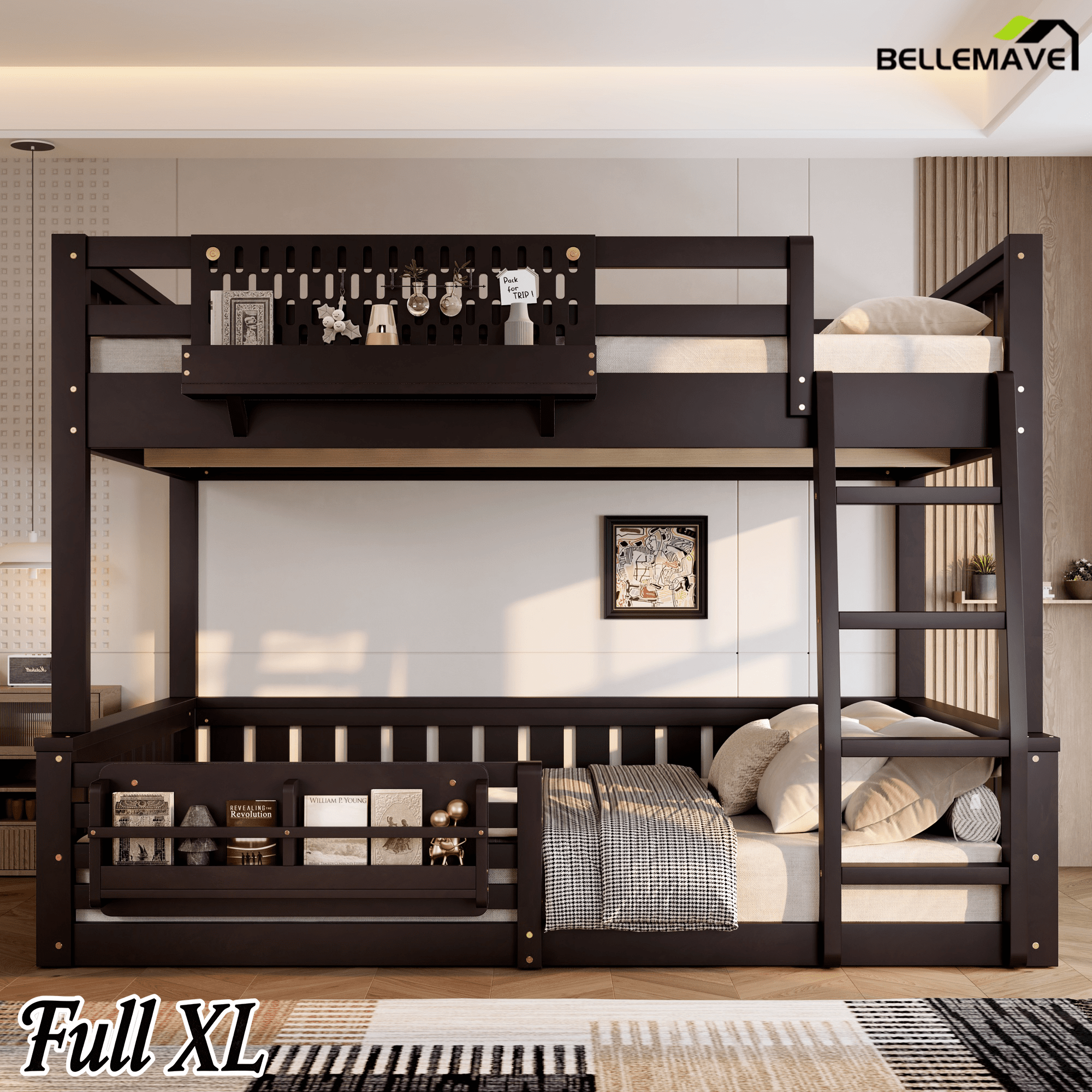 Bellemave® Bunk Bed Twin XL Over Queen with Rail and guardrail, Bunk beds with Pegboard and Bookshelf for Kids, Floor Bunk Bed with Fence, Beige - Bellemave