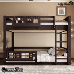Bellemave® Bunk Bed Twin XL Over Queen with Rail and guardrail, Bunk beds with Pegboard and Bookshelf for Kids, Floor Bunk Bed with Fence, Beige - Bellemave
