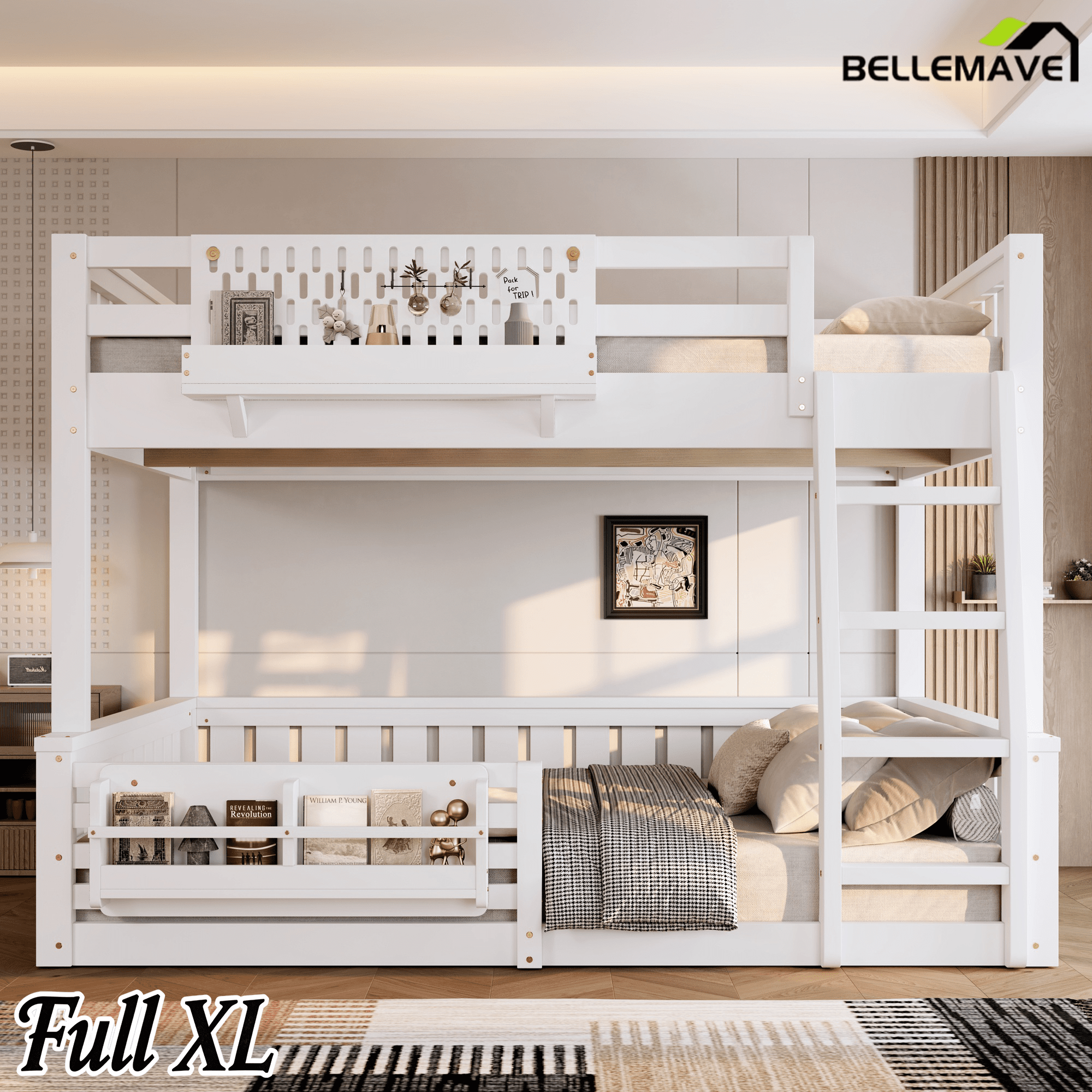 Bellemave® Bunk Bed Twin XL Over Queen with Rail and guardrail, Bunk beds with Pegboard and Bookshelf for Kids, Floor Bunk Bed with Fence, Beige - Bellemave