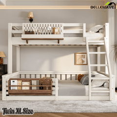 Bellemave® Bunk Bed Twin XL Over Queen with Rail and guardrail, Bunk beds with Pegboard and Bookshelf for Kids, Floor Bunk Bed with Fence, Beige - Bellemave