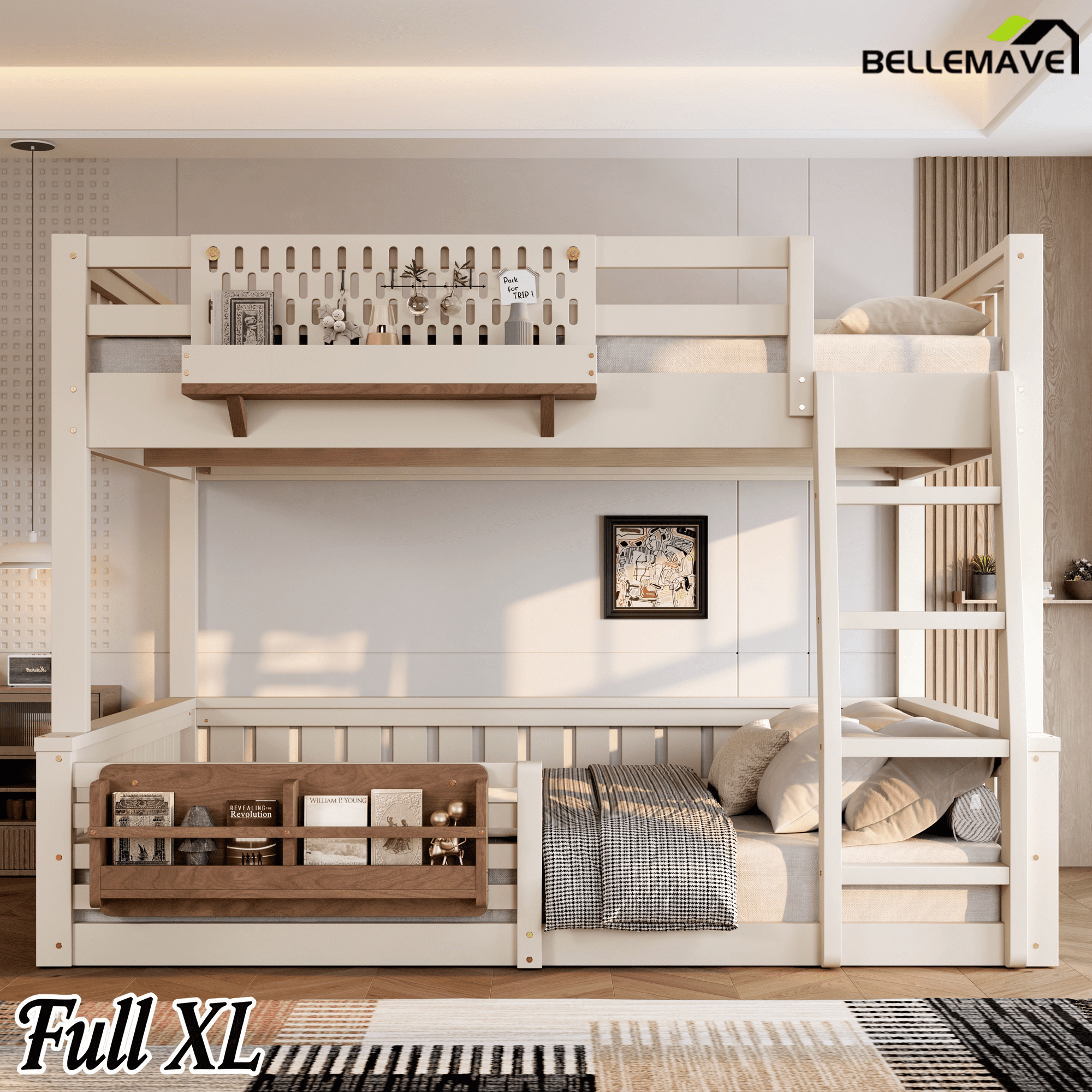 Bellemave® Bunk Bed Twin XL Over Queen with Rail and guardrail, Bunk beds with Pegboard and Bookshelf for Kids, Floor Bunk Bed with Fence, Beige - Bellemave