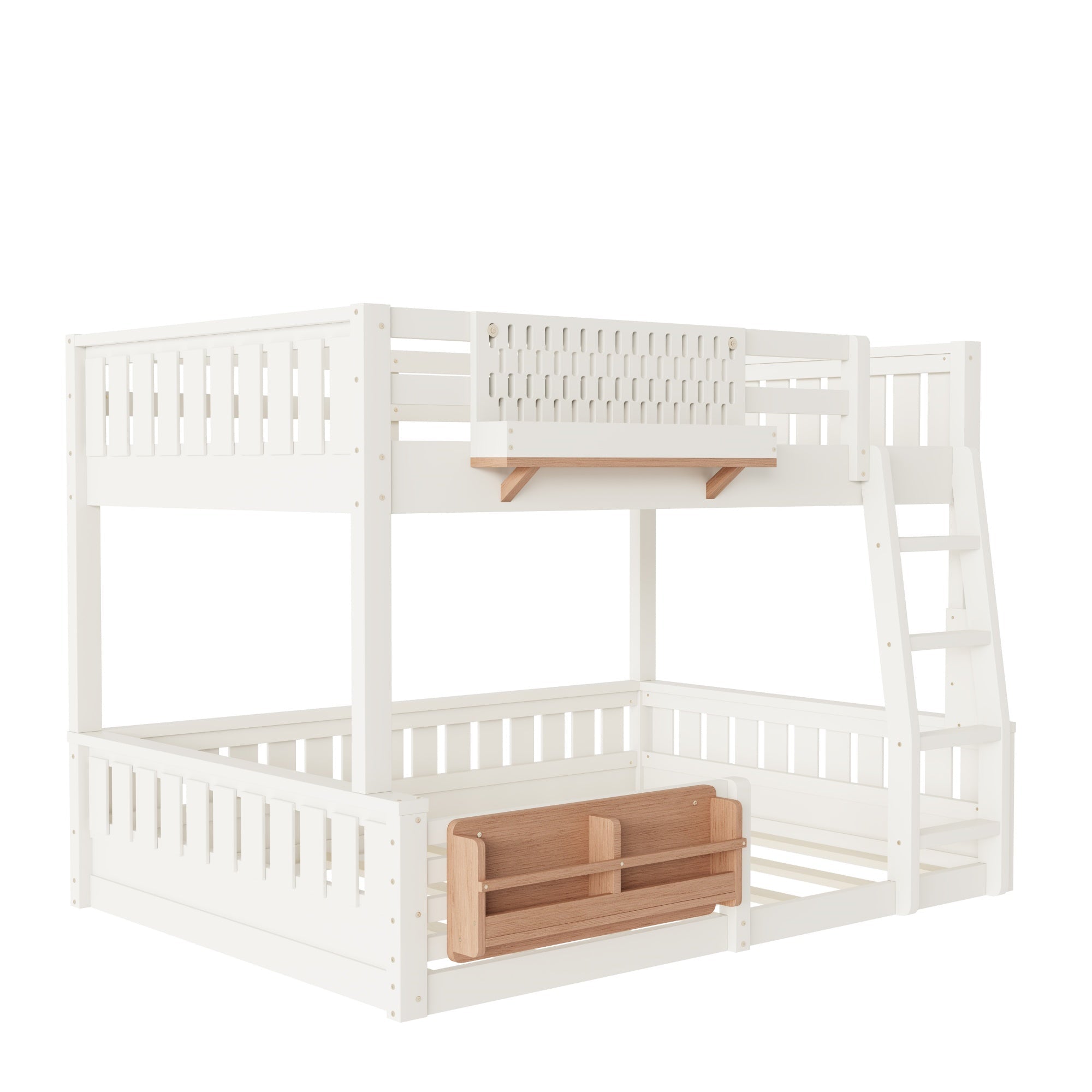 Bellemave® Bunk Bed Twin XL Over Queen with Rail and guardrail, Bunk beds with Pegboard and Bookshelf for Kids, Floor Bunk Bed with Fence, Beige - Bellemave
