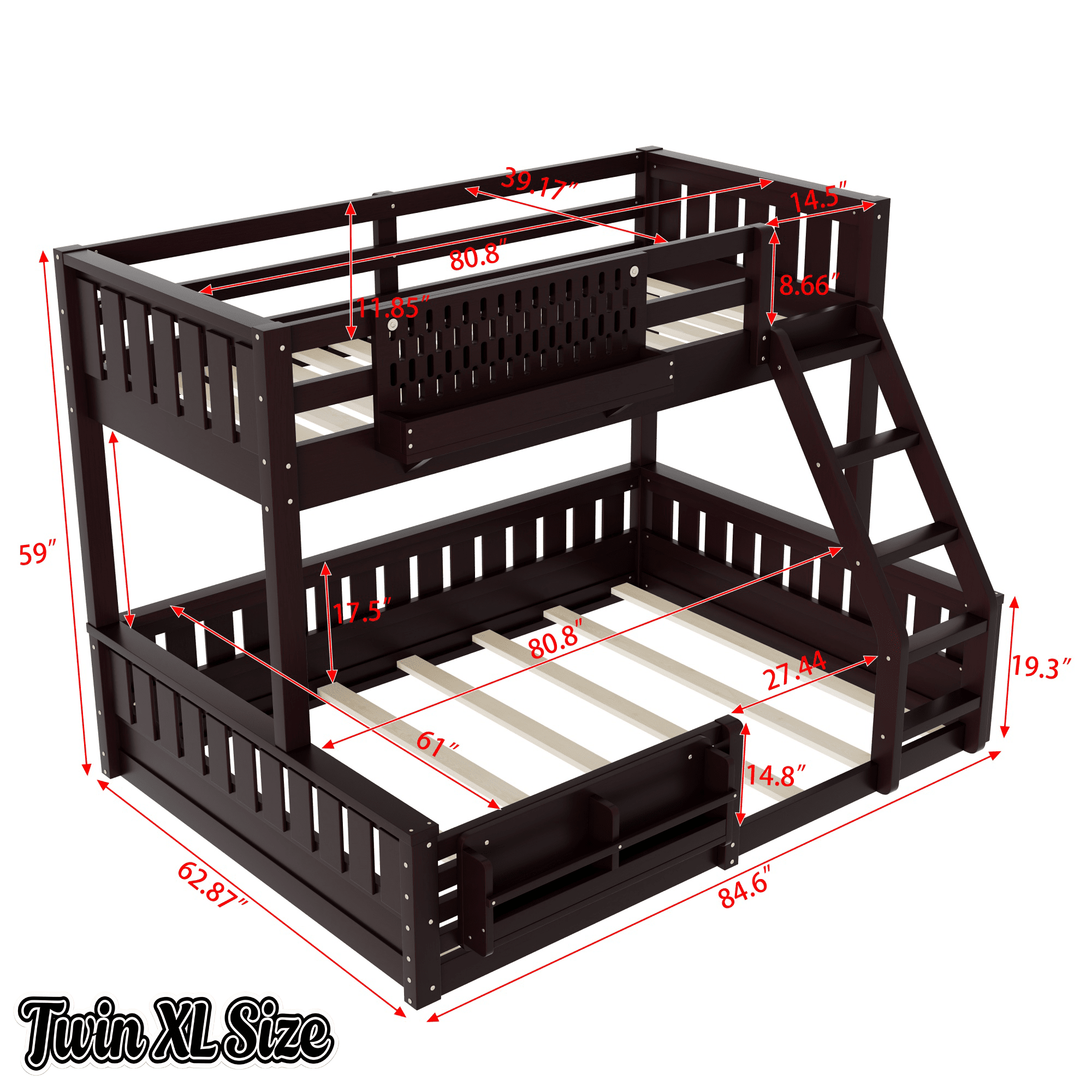 Bellemave® Bunk Bed Twin XL Over Queen with Rail and guardrail, Bunk beds with Pegboard and Bookshelf for Kids, Floor Bunk Bed with Fence, Beige - Bellemave