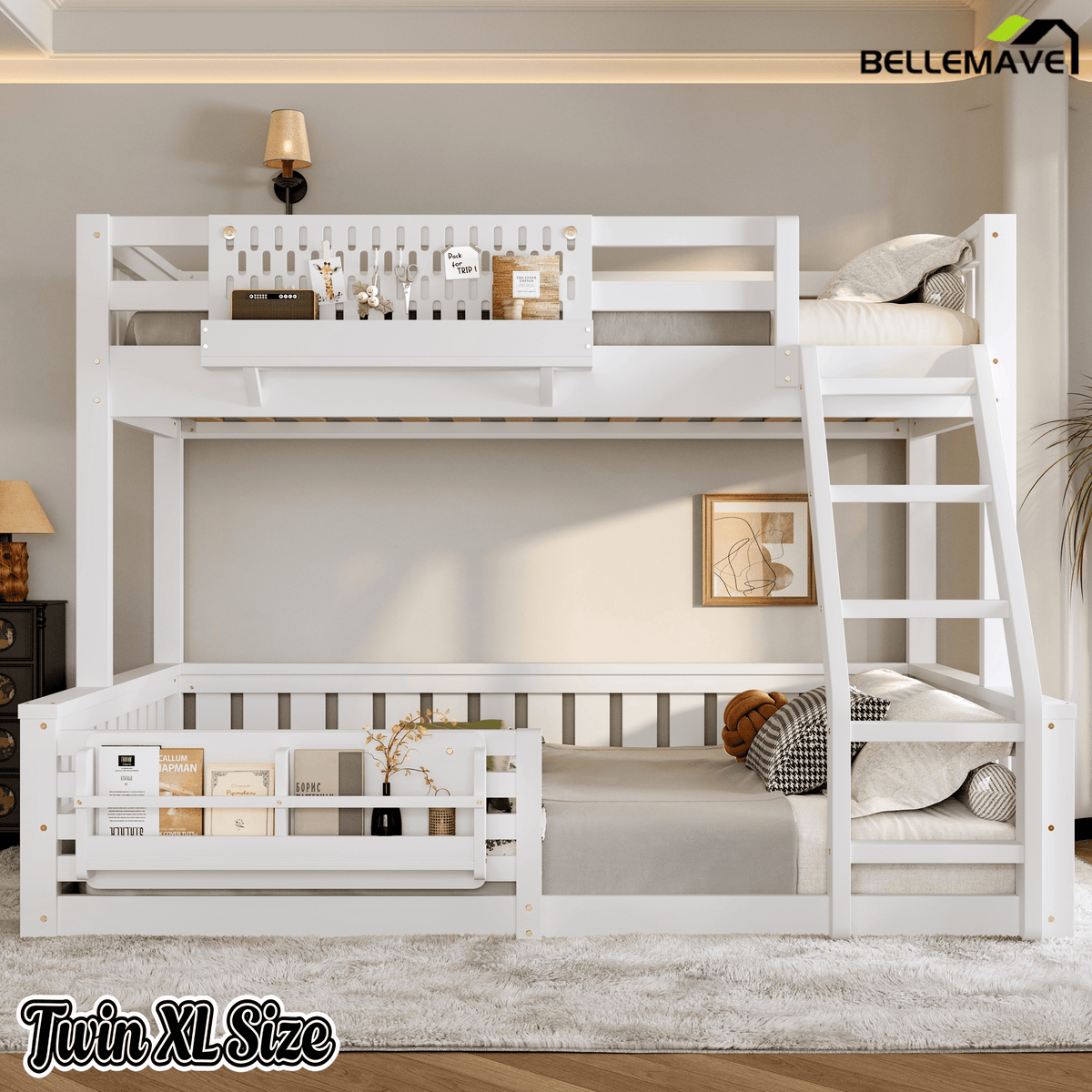 Bellemave® Bunk Bed Twin XL Over Queen with Rail and guardrail, Bunk beds with Pegboard and Bookshelf for Kids, Floor Bunk Bed with Fence, Beige - Bellemave