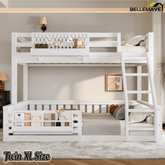 Bellemave® Bunk Bed Twin XL Over Queen with Rail and guardrail, Bunk beds with Pegboard and Bookshelf for Kids, Floor Bunk Bed with Fence, Beige - Bellemave