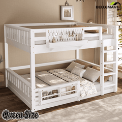 Bellemave® Bunk Bed Twin XL Over Queen with Rail and guardrail, Bunk beds with Pegboard and Bookshelf for Kids, Floor Bunk Bed with Fence, Beige - Bellemave