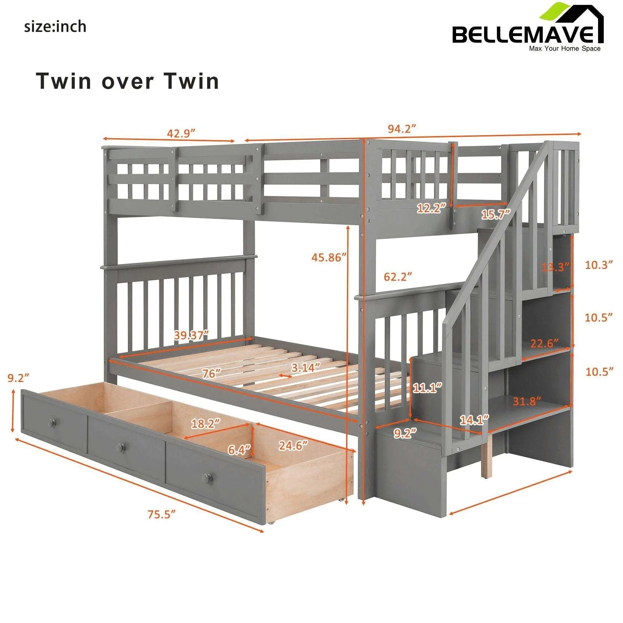 Bellemave® Bunk Bed with 3 Drawers and Stairs - Bellemave