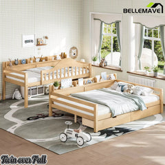 Bellemave® Bunk Bed with Storage Drawers & Shelves, Solid Wood Bunk Bed Frame with Ladder and Safety Guardrails for Kids & Teens - Bellemave