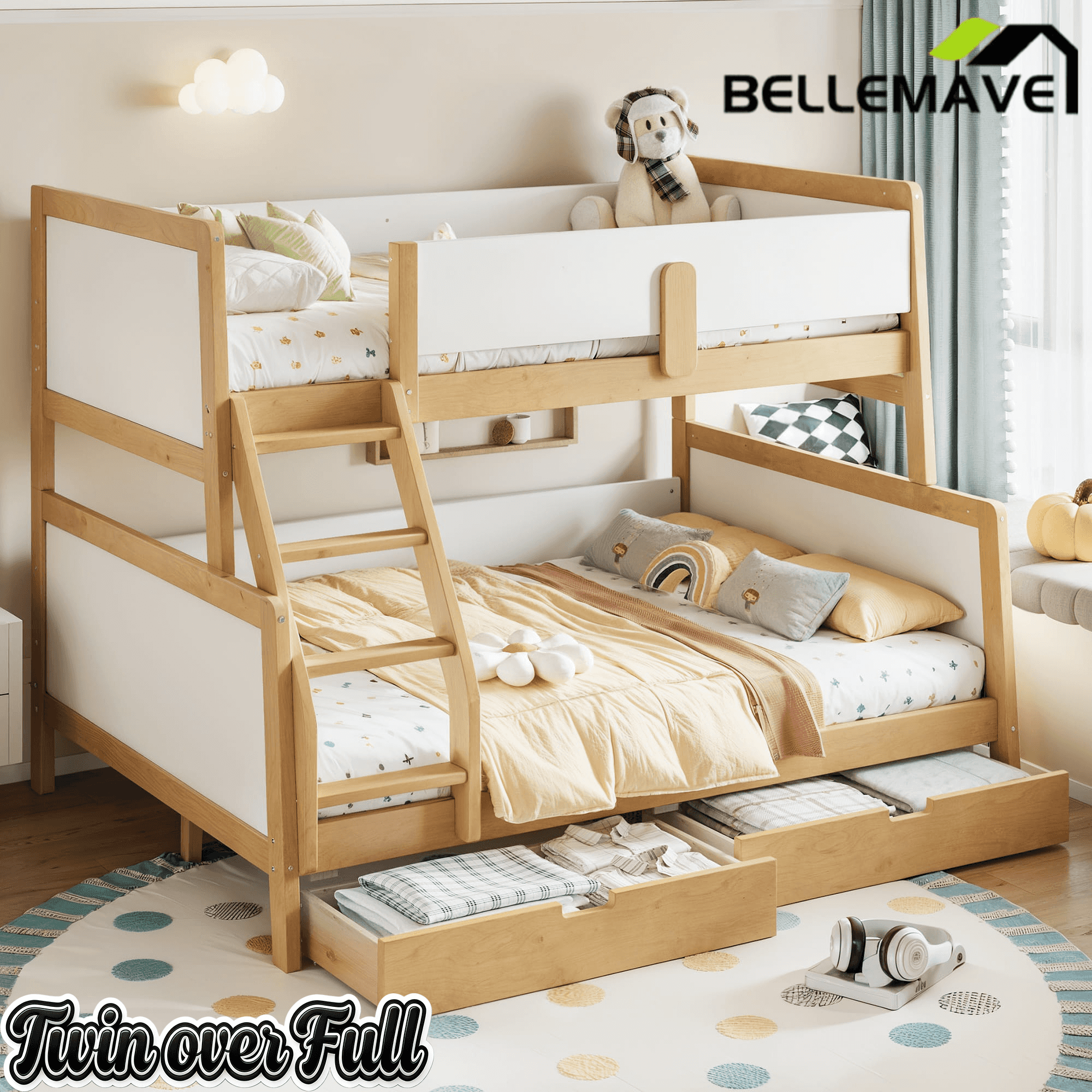 Bellemave® Bunk Bed with Storage Drawers & Support Slats, Solid Wood Bunk Bed with Full-Length Guardrails, Convertible Two Single Beds,White+Natural - Bellemave