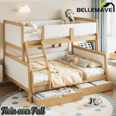 Bellemave® Bunk Bed with Storage Drawers & Support Slats, Solid Wood Bunk Bed with Full-Length Guardrails, Convertible Two Single Beds,White+Natural - Bellemave
