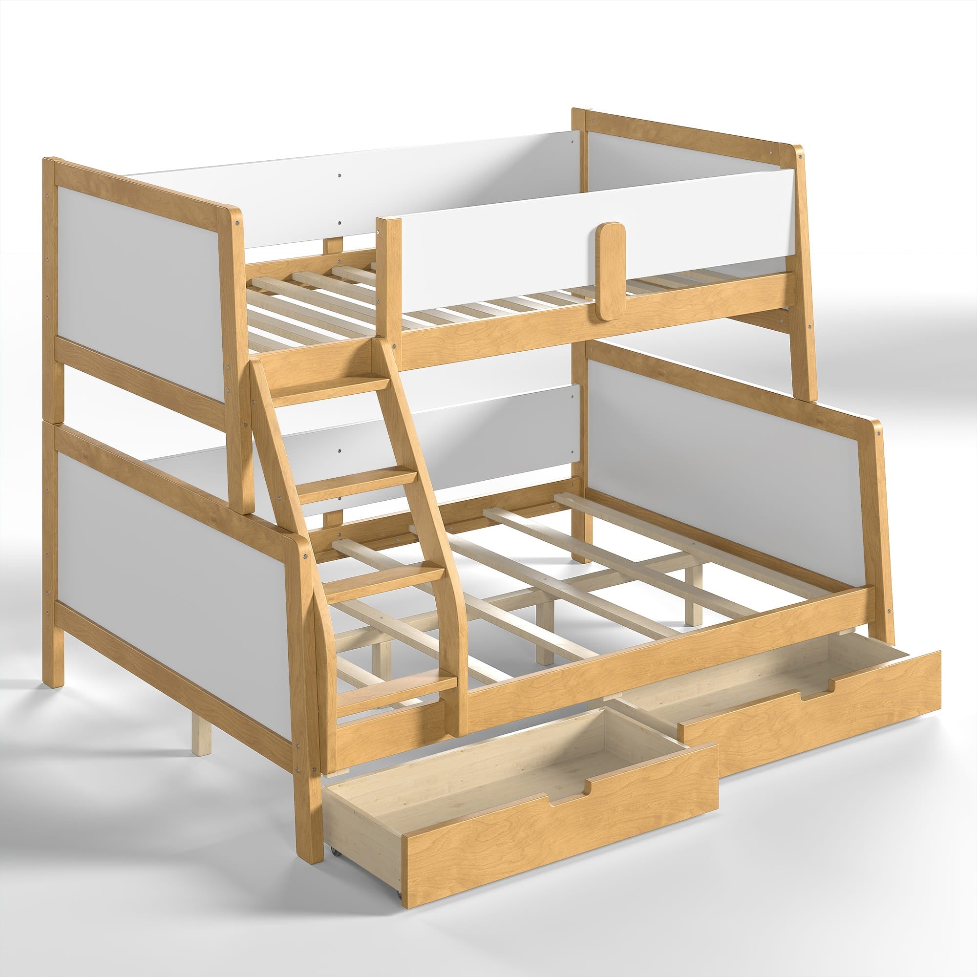 Bellemave® Bunk Bed with Storage Drawers & Support Slats, Solid Wood Bunk Bed with Full-Length Guardrails, Convertible Two Single Beds,White+Natural - Bellemave
