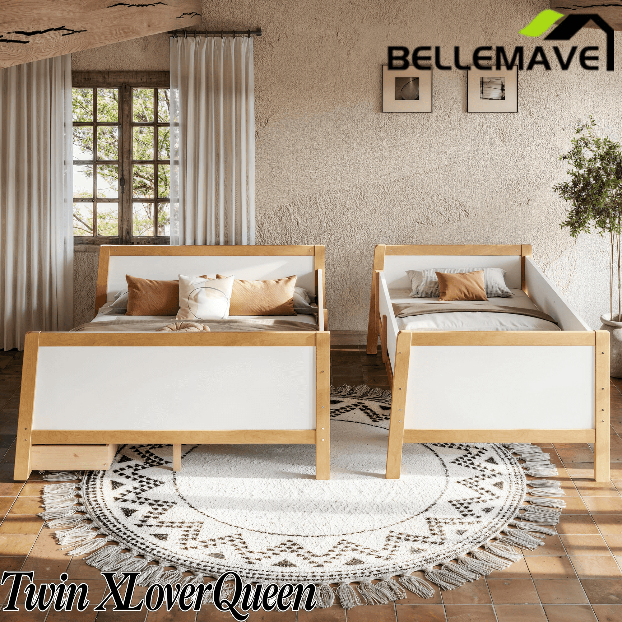 Bellemave® Bunk Bed with Storage Drawers & Support Slats, Solid Wood Bunk Bed with Full-Length Guardrails, Convertible Two Single Beds,White+Natural - Bellemave