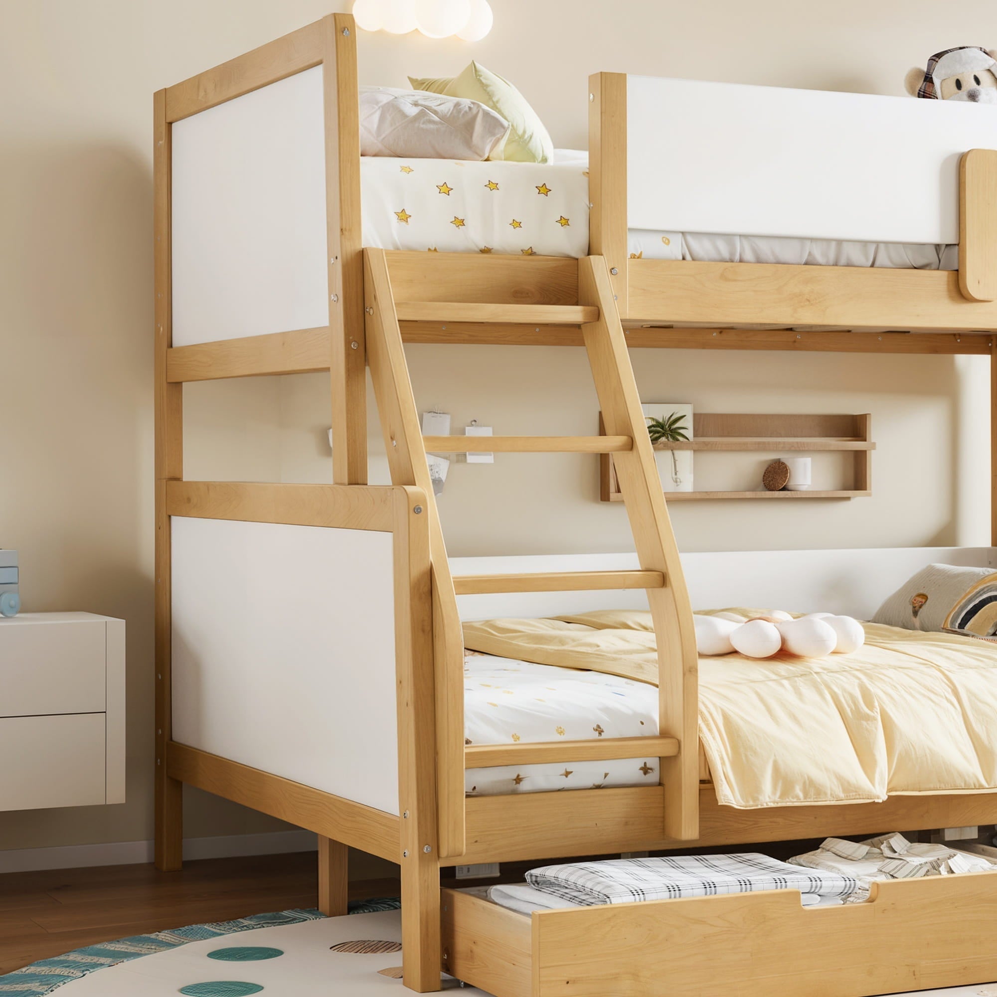 Bellemave® Bunk Bed with Storage Drawers & Support Slats, Solid Wood Bunk Bed with Full-Length Guardrails, Convertible Two Single Beds,White+Natural - Bellemave