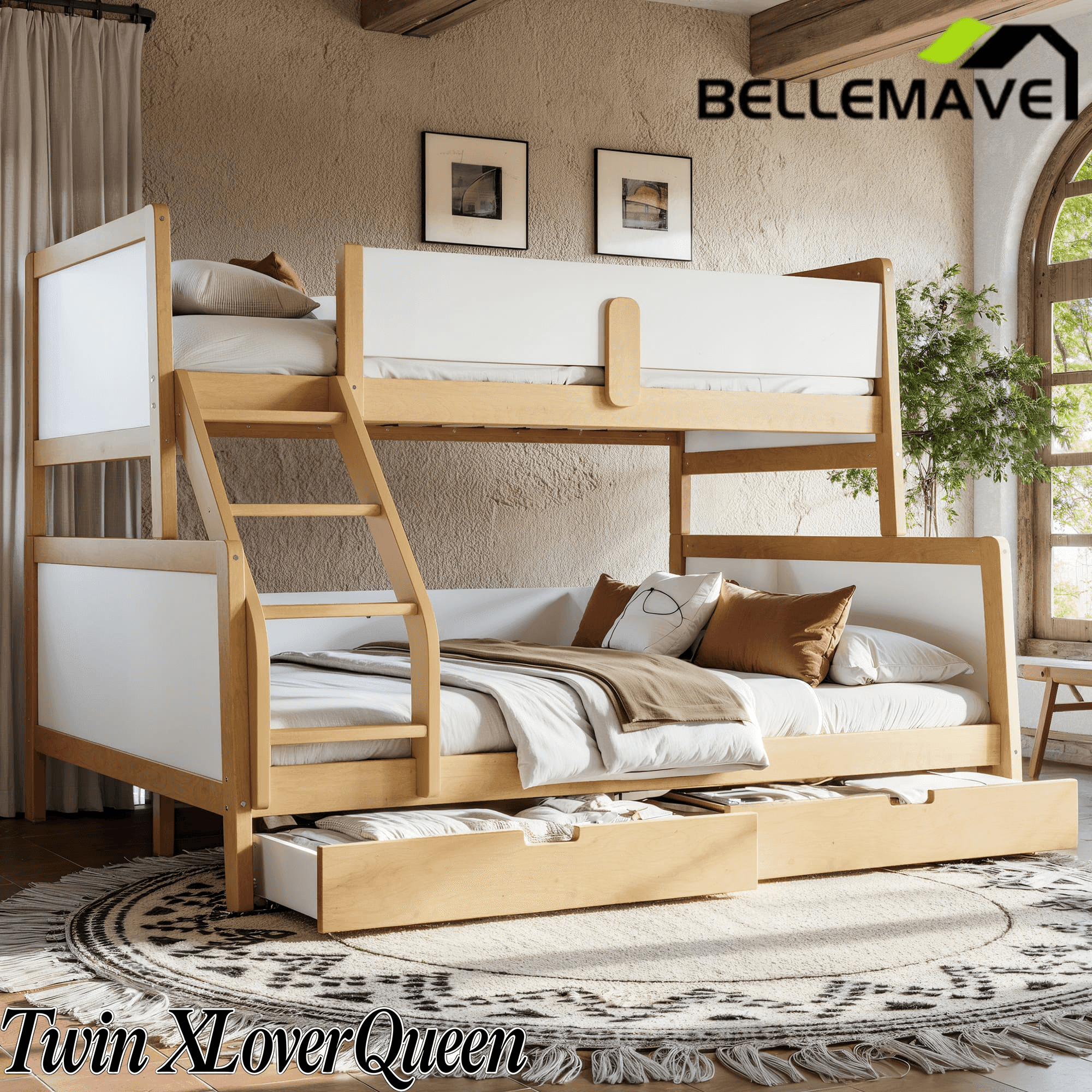 Bellemave® Bunk Bed with Storage Drawers & Support Slats, Solid Wood Bunk Bed with Full-Length Guardrails, Convertible Two Single Beds,White+Natural - Bellemave