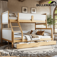 Bellemave® Bunk Bed with Storage Drawers & Support Slats, Solid Wood Bunk Bed with Full-Length Guardrails, Convertible Two Single Beds,White+Natural - Bellemave