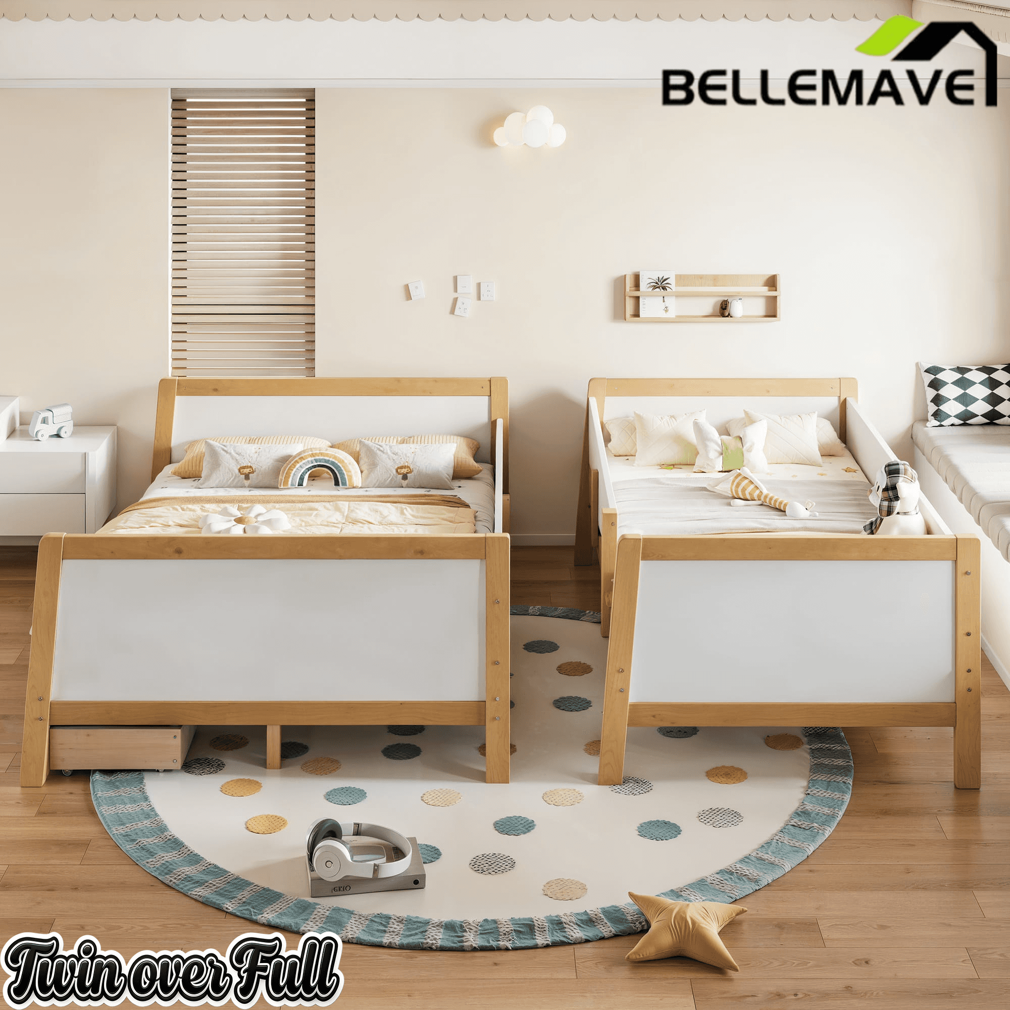 Bellemave® Bunk Bed with Storage Drawers & Support Slats, Solid Wood Bunk Bed with Full-Length Guardrails, Convertible Two Single Beds,White+Natural - Bellemave