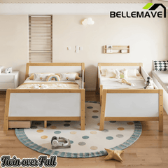 Bellemave® Bunk Bed with Storage Drawers & Support Slats, Solid Wood Bunk Bed with Full-Length Guardrails, Convertible Two Single Beds,White+Natural - Bellemave