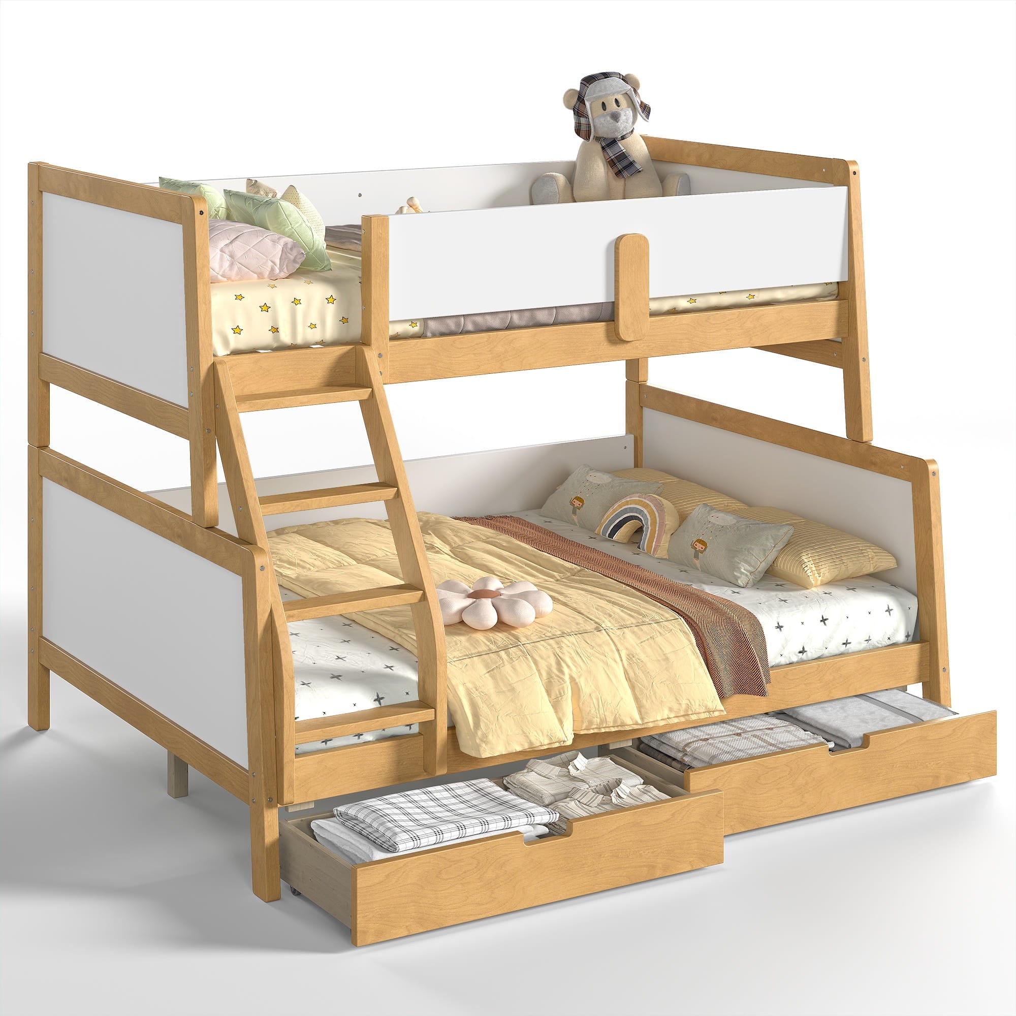 Bellemave® Bunk Bed with Storage Drawers & Support Slats, Solid Wood Bunk Bed with Full-Length Guardrails, Convertible Two Single Beds,White+Natural - Bellemave