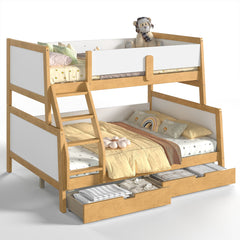 Bellemave® Bunk Bed with Storage Drawers & Support Slats, Solid Wood Bunk Bed with Full-Length Guardrails, Convertible Two Single Beds,White+Natural - Bellemave