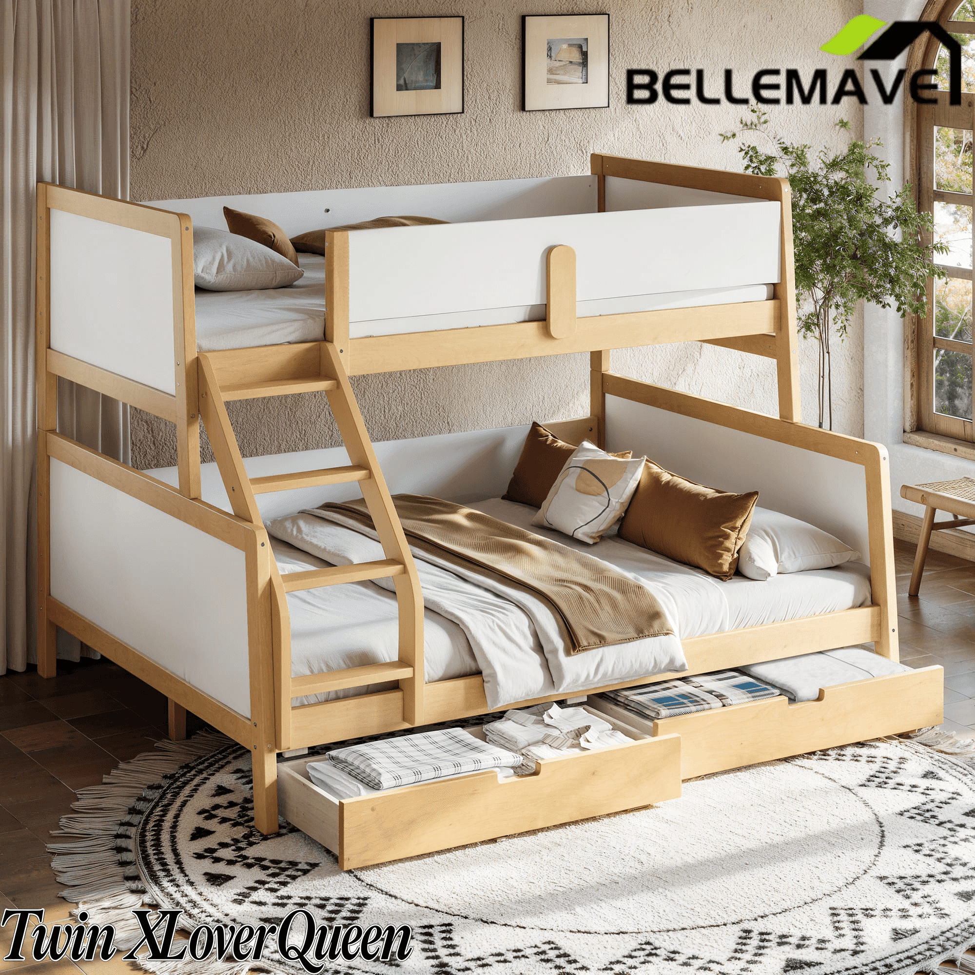Bellemave® Bunk Bed with Storage Drawers & Support Slats, Solid Wood Bunk Bed with Full-Length Guardrails, Convertible Two Single Beds,White+Natural - Bellemave