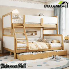 Bellemave® Bunk Bed with Storage Drawers & Support Slats, Solid Wood Bunk Bed with Full-Length Guardrails, Convertible Two Single Beds,White+Natural - Bellemave