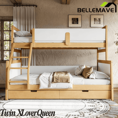 Bellemave® Bunk Bed with Storage Drawers & Support Slats, Solid Wood Bunk Bed with Full-Length Guardrails, Convertible Two Single Beds,White+Natural - Bellemave
