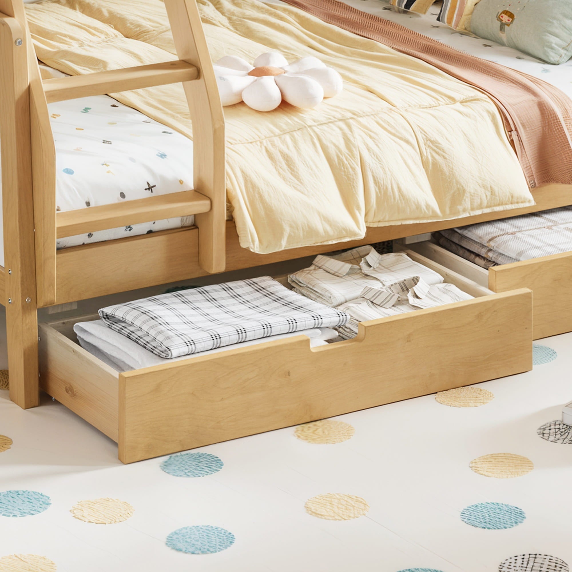 Bellemave® Bunk Bed with Storage Drawers & Support Slats, Solid Wood Bunk Bed with Full-Length Guardrails, Convertible Two Single Beds,White+Natural - Bellemave