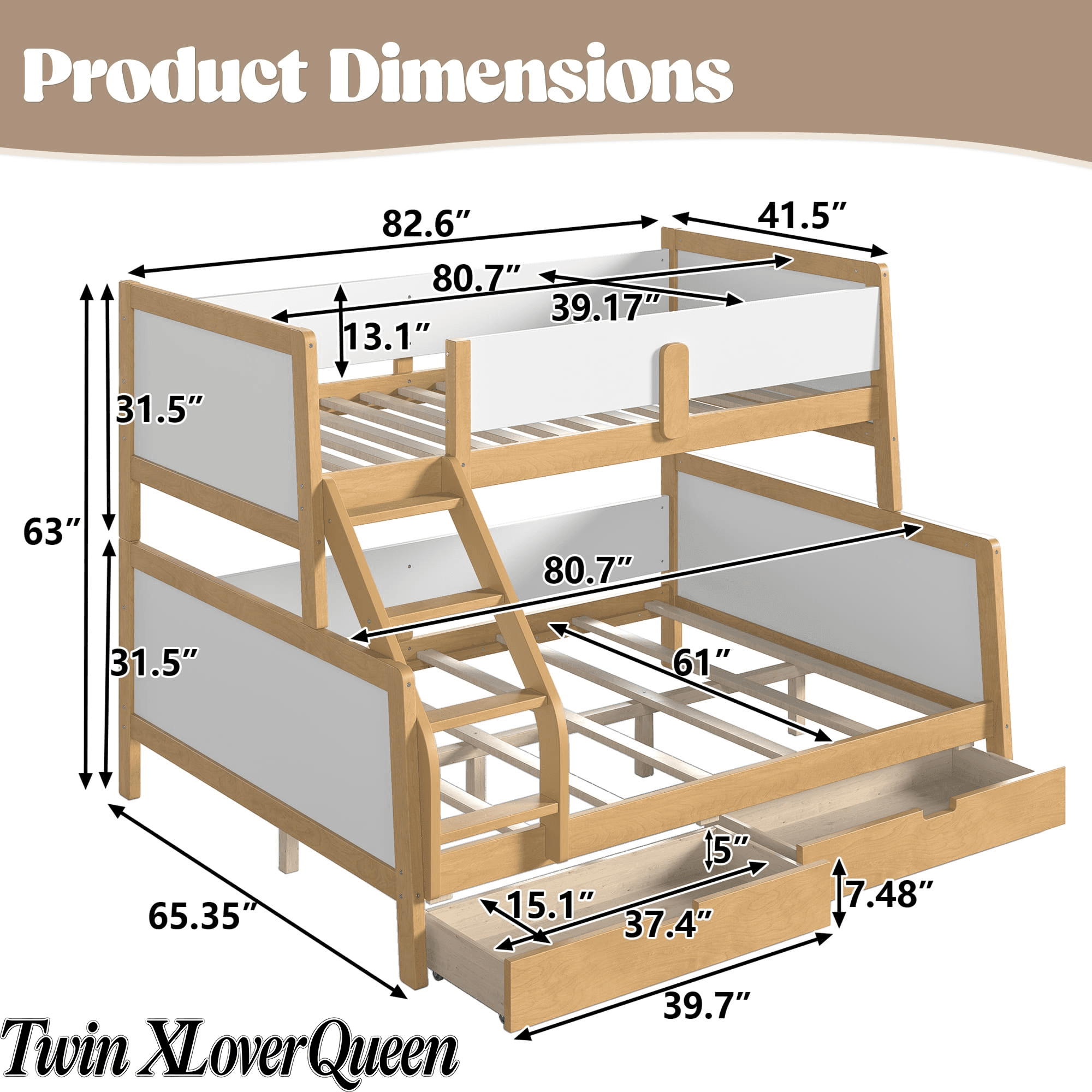 Bellemave® Bunk Bed with Storage Drawers & Support Slats, Solid Wood Bunk Bed with Full-Length Guardrails, Convertible Two Single Beds,White+Natural - Bellemave