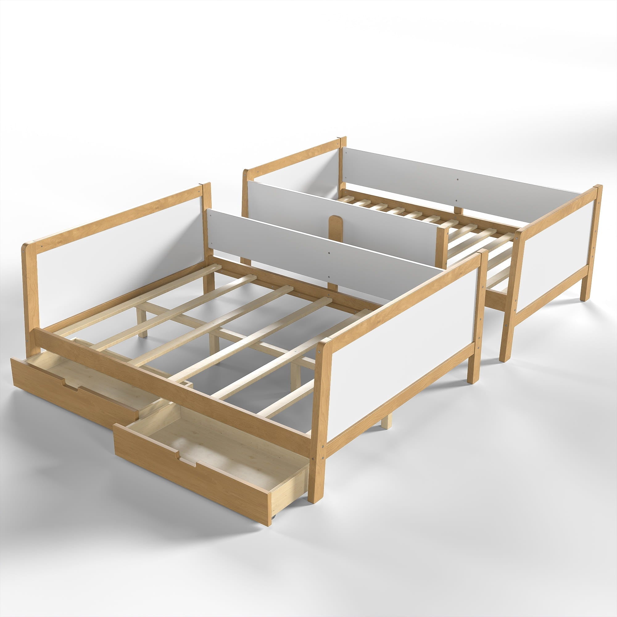 Bellemave® Bunk Bed with Storage Drawers & Support Slats, Solid Wood Bunk Bed with Full-Length Guardrails, Convertible Two Single Beds,White+Natural - Bellemave