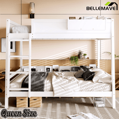 Bellemave® Bunk Bed with Storage Shelves and Guardrails, Wood Bunk Bed with Ladders and Upgraded Slats, Chic Design Bunkbed that Can be Diverted - Bellemave