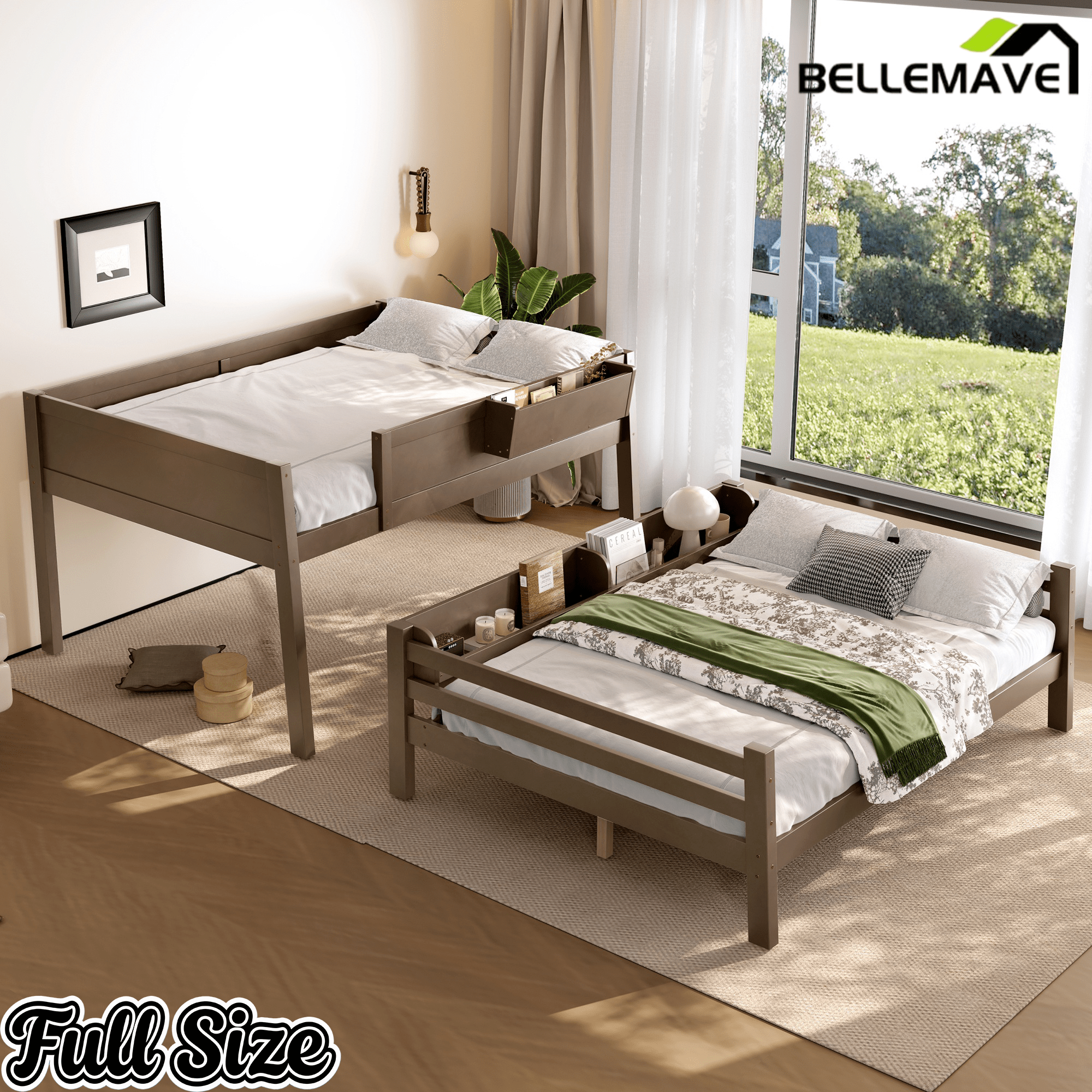 Bellemave® Bunk Bed with Storage Shelves and Guardrails, Wood Bunk Bed with Ladders and Upgraded Slats, Chic Design Bunkbed that Can be Diverted - Bellemave