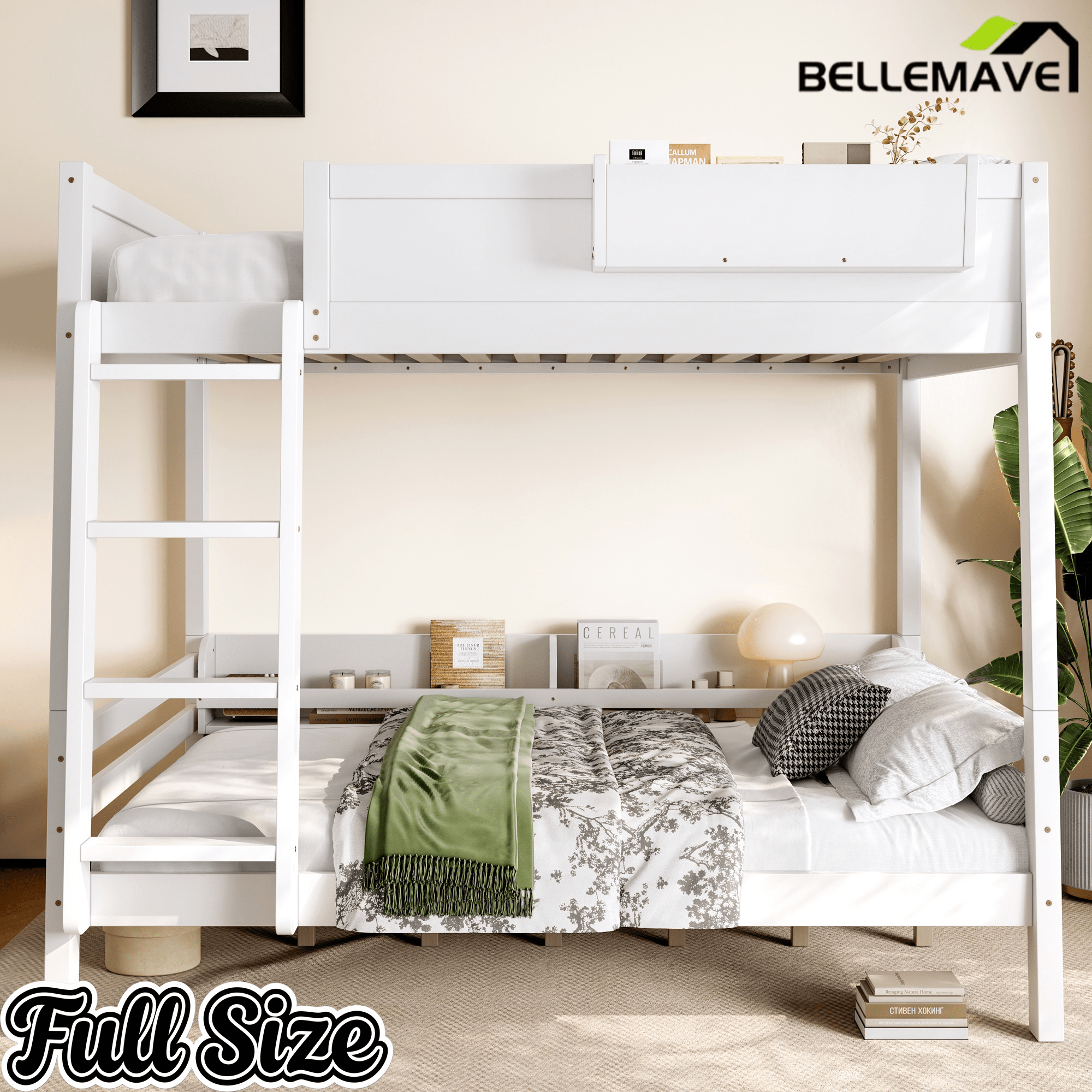 Bellemave® Bunk Bed with Storage Shelves and Guardrails, Wood Bunk Bed with Ladders and Upgraded Slats, Chic Design Bunkbed that Can be Diverted - Bellemave