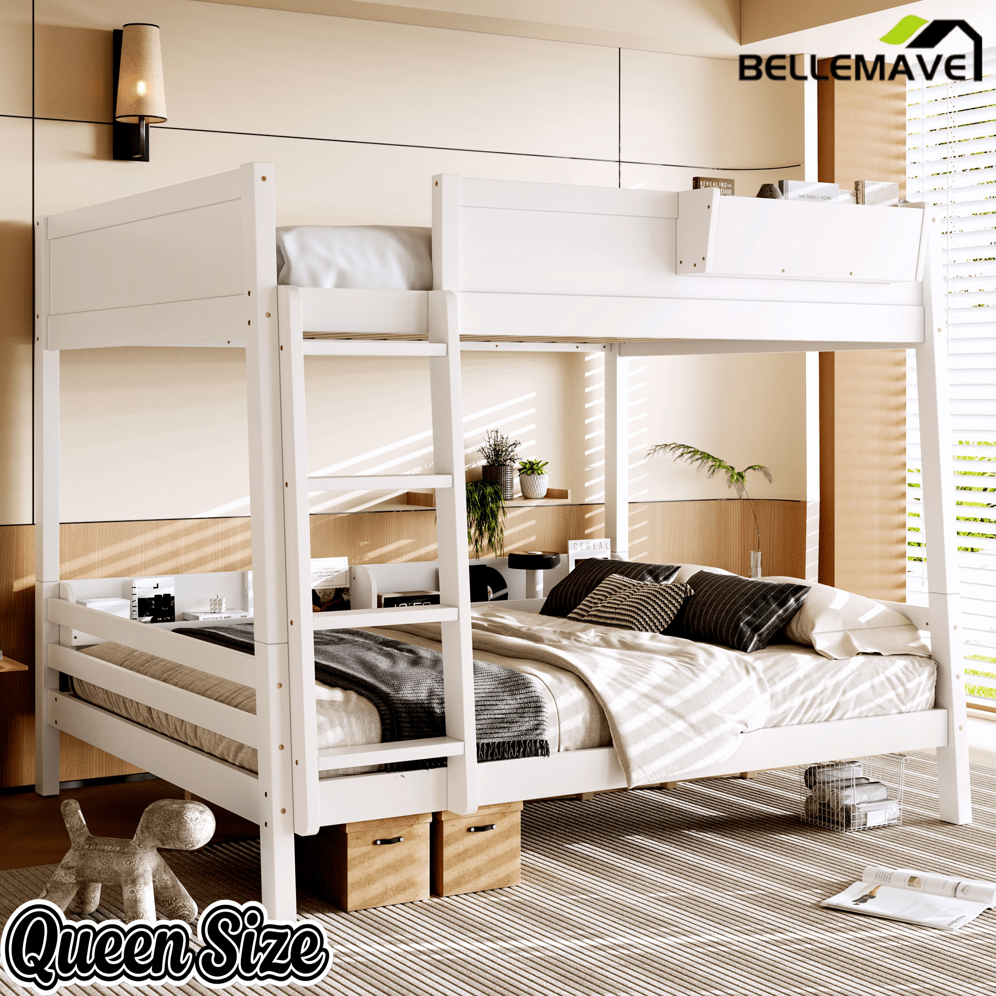 Bellemave® Bunk Bed with Storage Shelves and Guardrails, Wood Bunk Bed with Ladders and Upgraded Slats, Chic Design Bunkbed that Can be Diverted - Bellemave