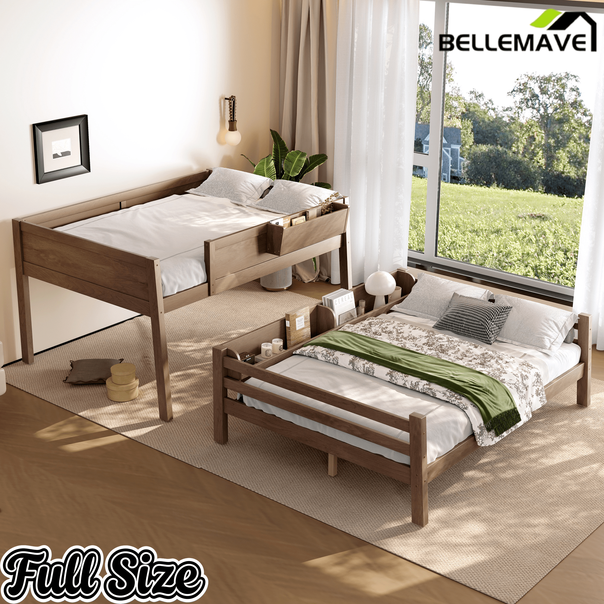 Bellemave® Bunk Bed with Storage Shelves and Guardrails, Wood Bunk Bed with Ladders and Upgraded Slats, Chic Design Bunkbed that Can be Diverted - Bellemave