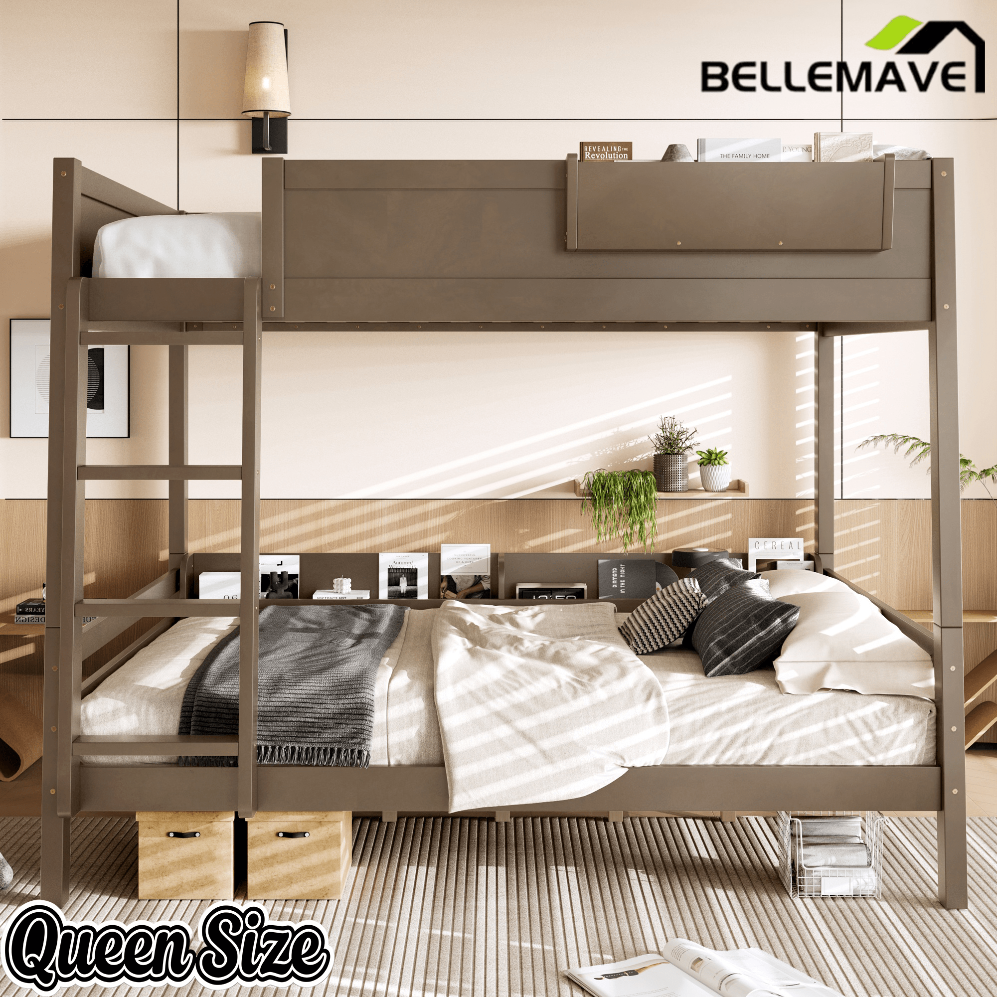 Bellemave® Bunk Bed with Storage Shelves and Guardrails, Wood Bunk Bed with Ladders and Upgraded Slats, Chic Design Bunkbed that Can be Diverted - Bellemave