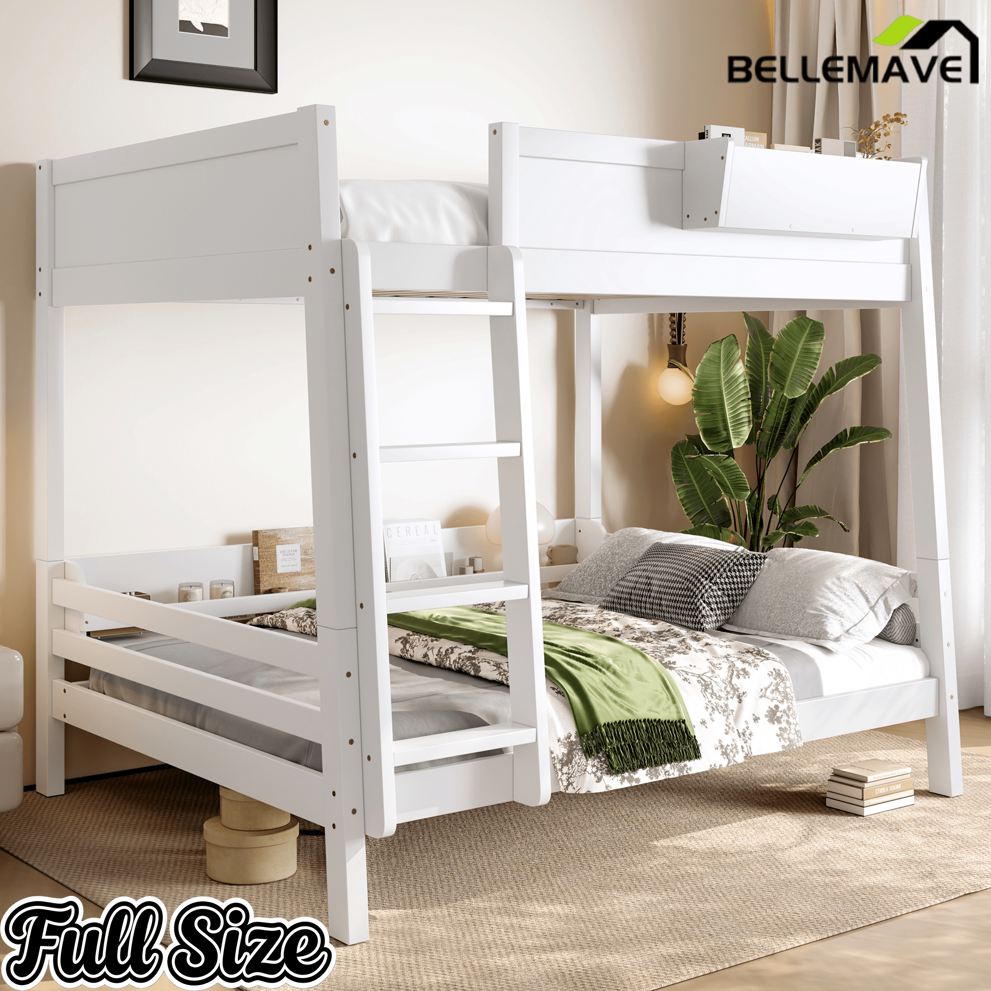 Bellemave® Bunk Bed with Storage Shelves and Guardrails, Wood Bunk Bed with Ladders and Upgraded Slats, Chic Design Bunkbed that Can be Diverted - Bellemave
