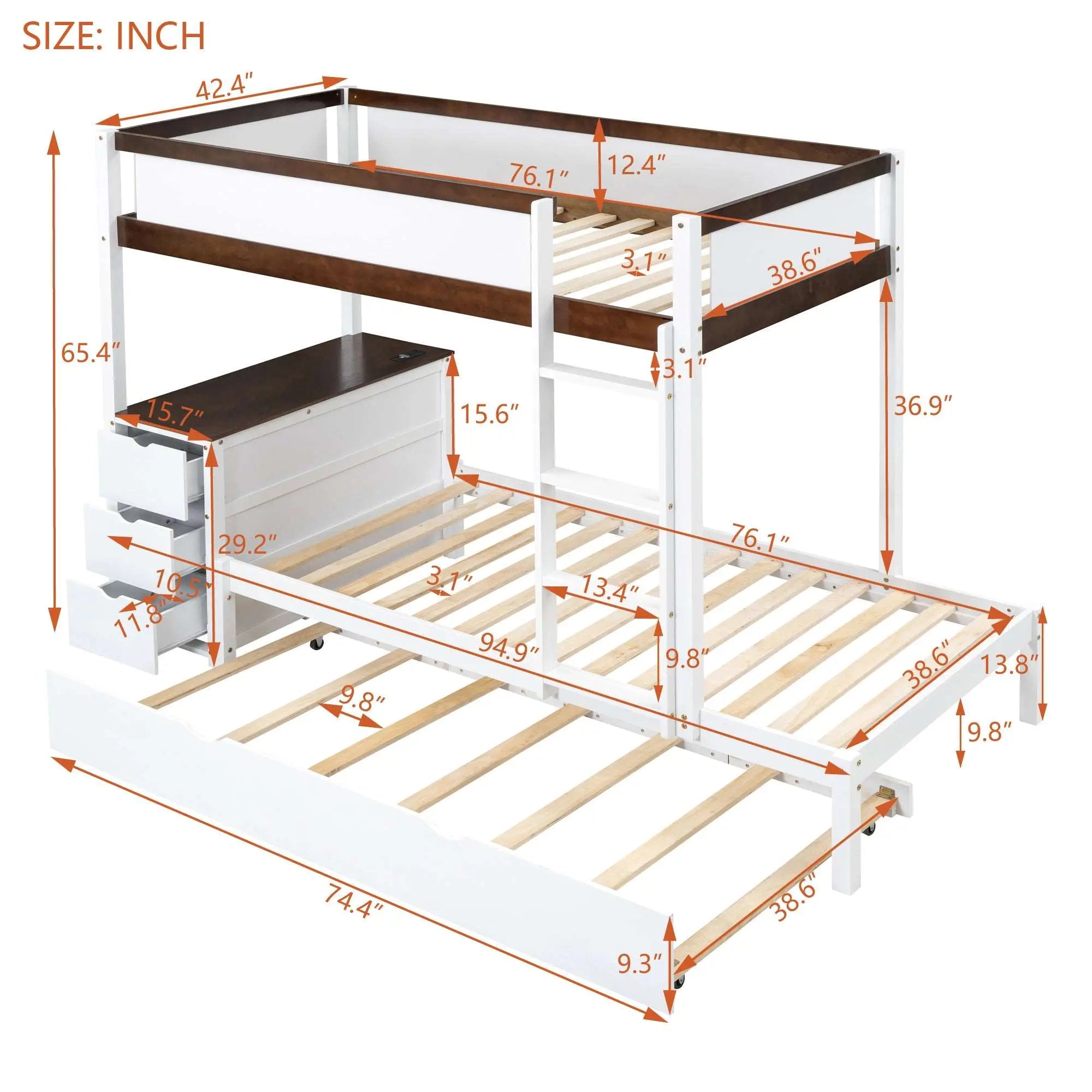 Bellemave® Bunk Bed with Trundle Bed, Desk with Storage Drawer - Bellemave