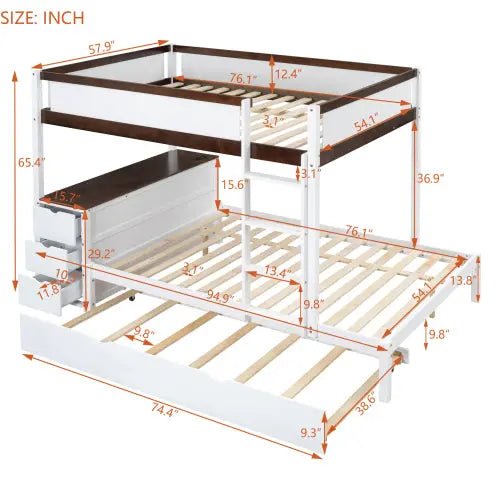 Bellemave® Bunk Bed with Trundle Bed, Desk with Storage Drawer - Bellemave