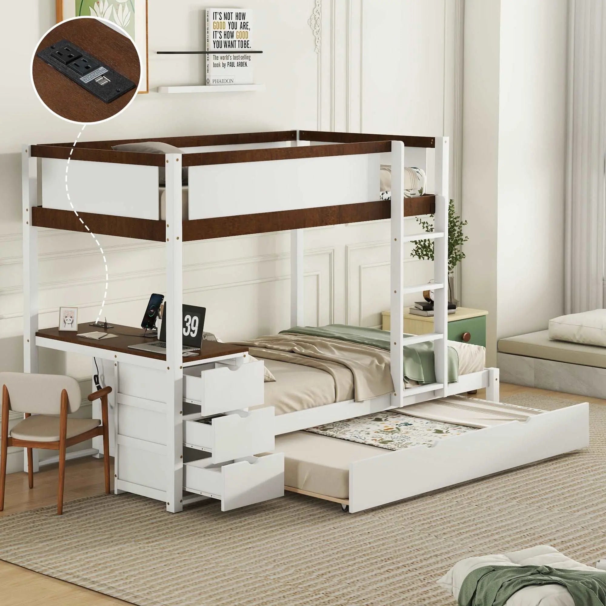 Bunk Bed with Trundle Bed, Desk with Storage Drawer - Twin / White+Walnut Bunk Bed with Trundle Bed, Desk with Storage Drawer - Twin / White+Walnut