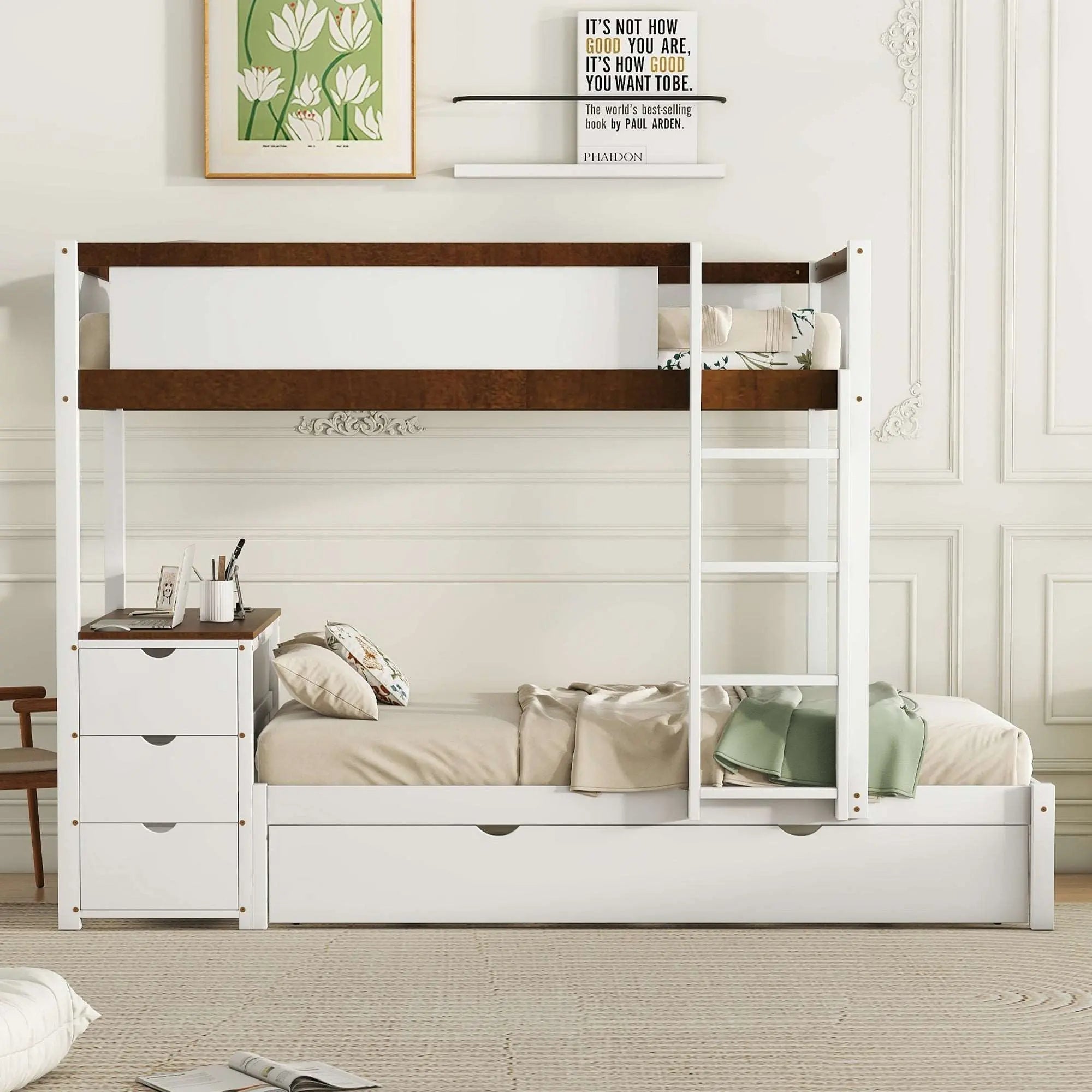 Bellemave® Bunk Bed with Trundle Bed, Desk with Storage Drawer - Bellemave