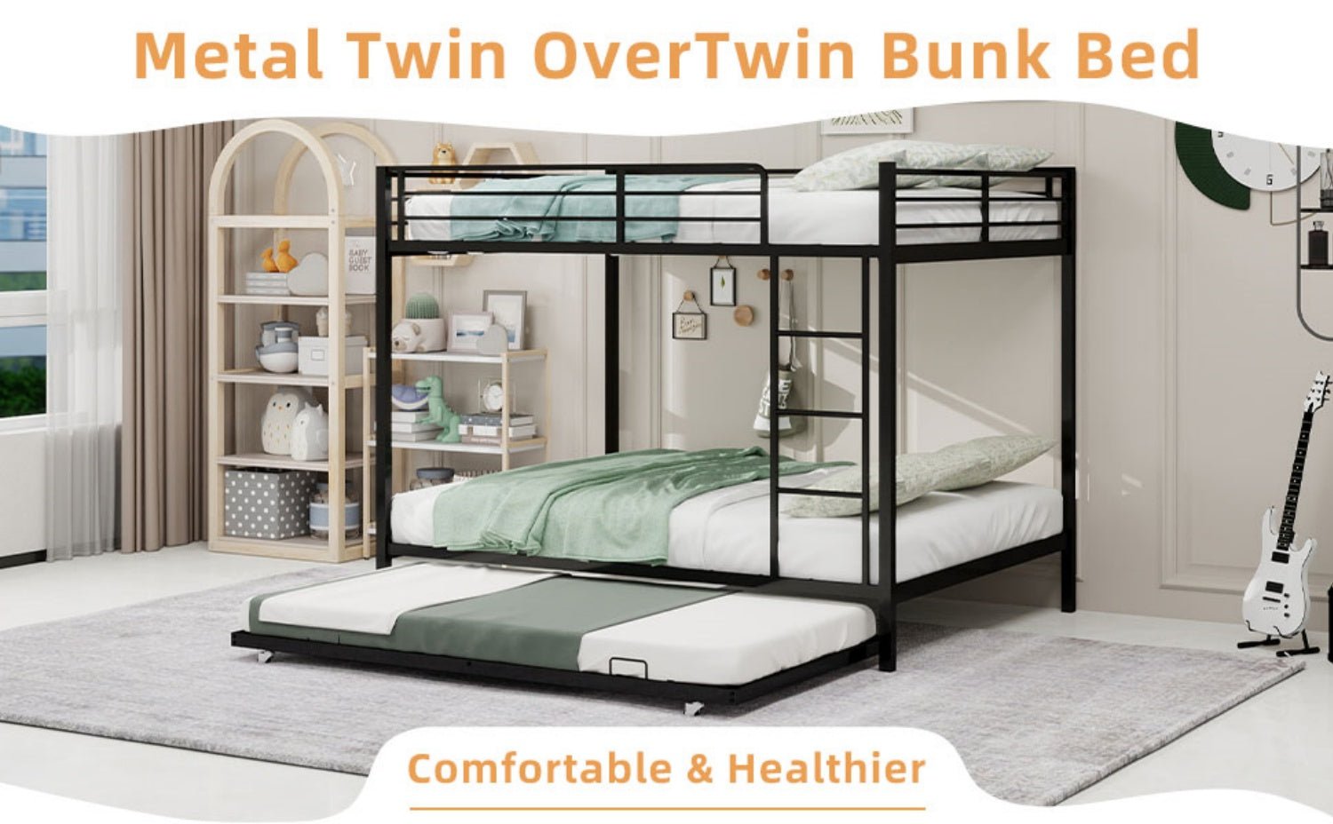 Bellemave® Bunk Bed with Trundle, Heavy Duty Metal Bunk Bed Frame with Safety Guardrails and Ladders for Small Bedroom, Kids, Teens, Adults - Bellemave