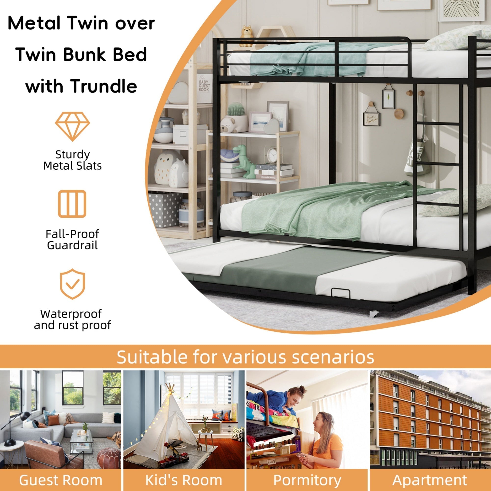 Bellemave® Bunk Bed with Trundle, Heavy Duty Metal Bunk Bed Frame with Safety Guardrails and Ladders for Small Bedroom, Kids, Teens, Adults - Bellemave