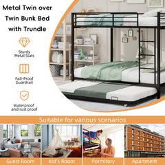 Bellemave® Bunk Bed with Trundle, Heavy Duty Metal Bunk Bed Frame with Safety Guardrails and Ladders for Small Bedroom, Kids, Teens, Adults - Bellemave