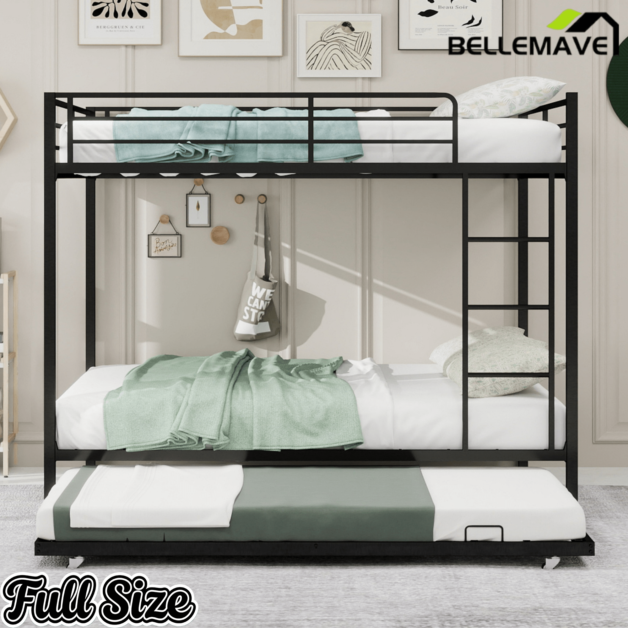 Bellemave® Bunk Bed with Trundle, Heavy Duty Metal Bunk Bed Frame with Safety Guardrails and Ladders for Small Bedroom, Kids, Teens, Adults - Bellemave