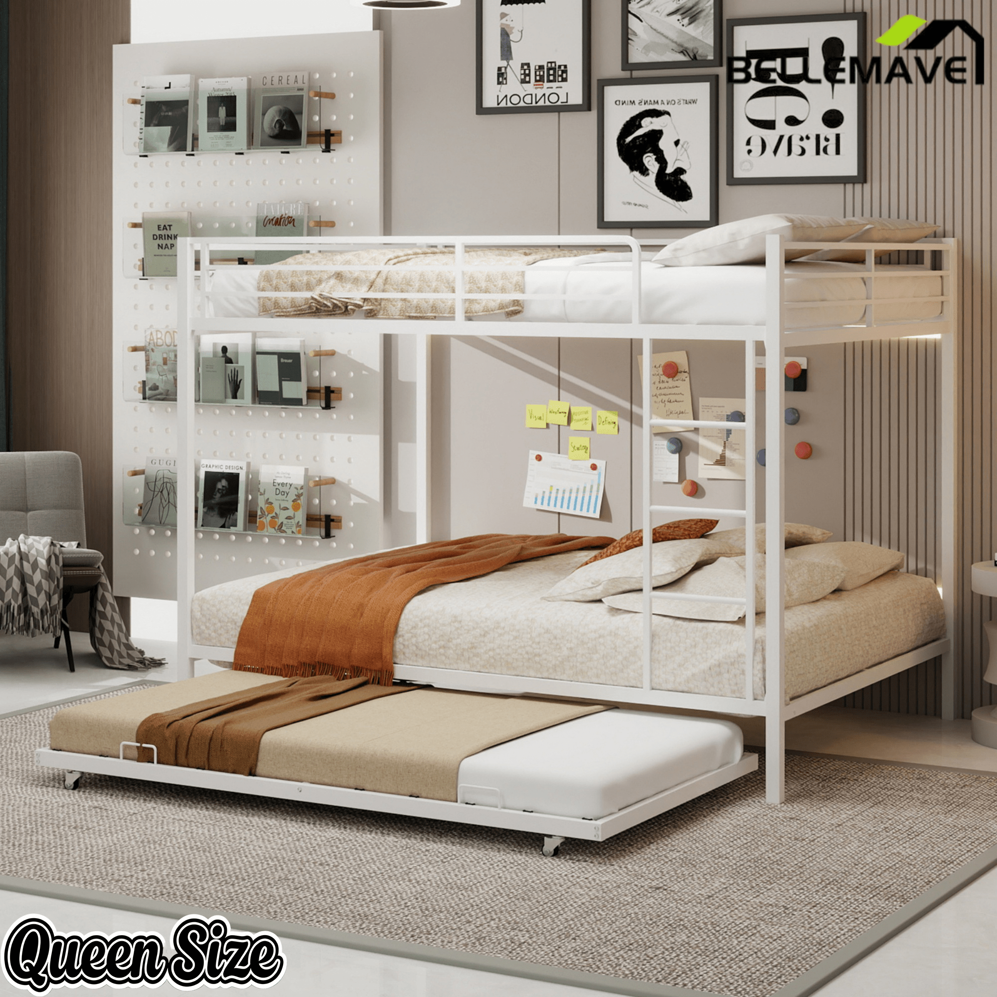 Bellemave® Bunk Bed with Trundle, Heavy Duty Metal Bunk Bed Frame with Safety Guardrails and Ladders for Small Bedroom, Kids, Teens, Adults - Bellemave