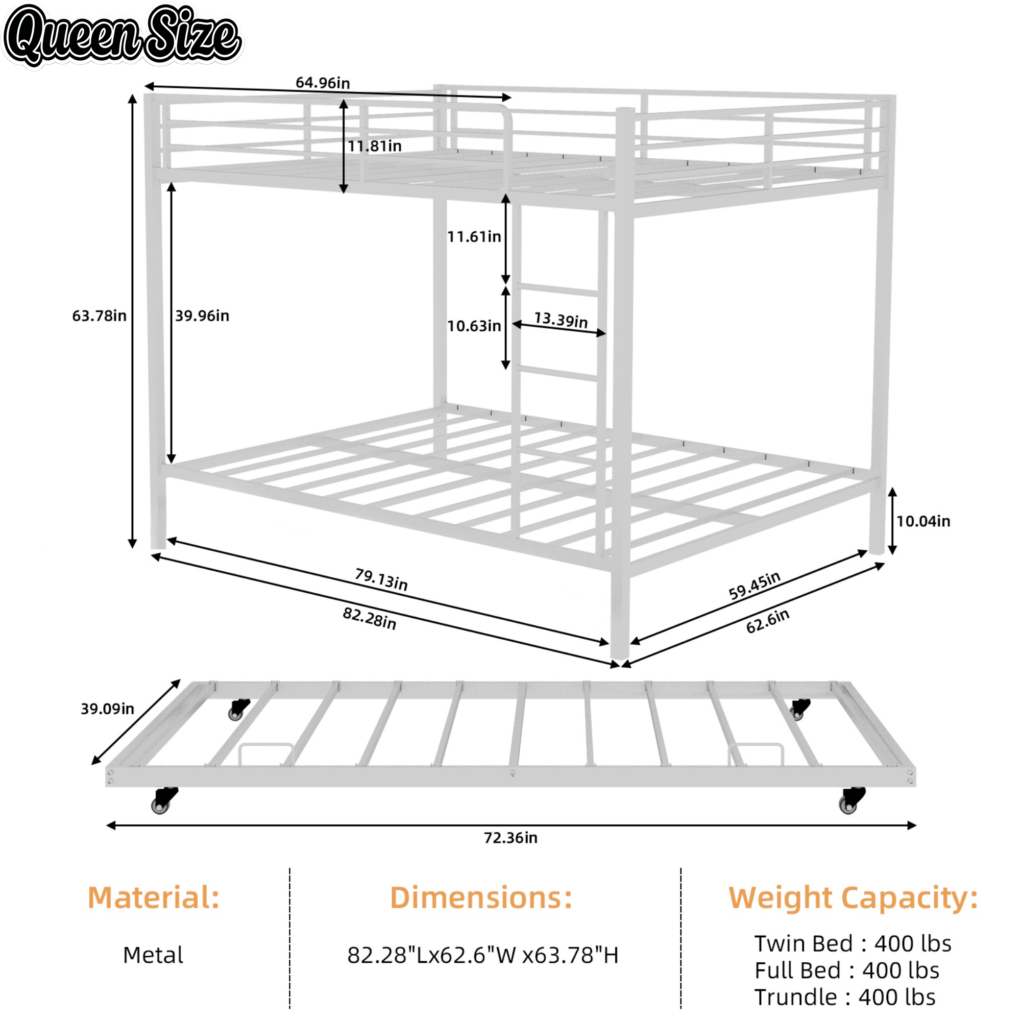 Bellemave® Bunk Bed with Trundle, Heavy Duty Metal Bunk Bed Frame with Safety Guardrails and Ladders for Small Bedroom, Kids, Teens, Adults - Bellemave