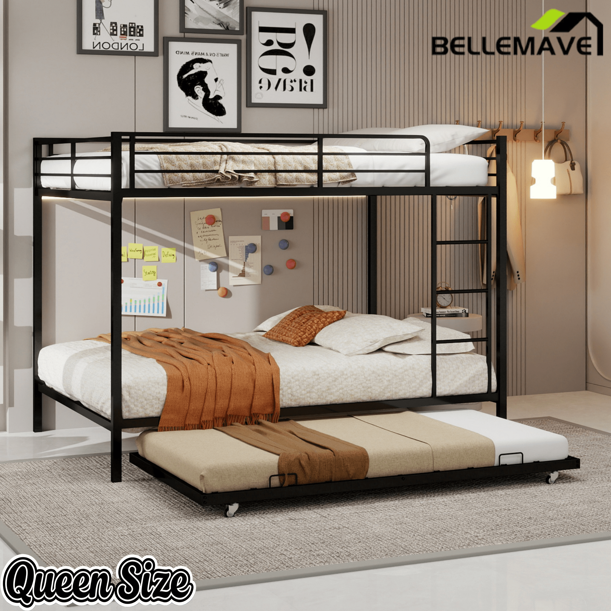 Bellemave® Bunk Bed with Trundle, Heavy Duty Metal Bunk Bed Frame with Safety Guardrails and Ladders for Small Bedroom, Kids, Teens, Adults - Bellemave