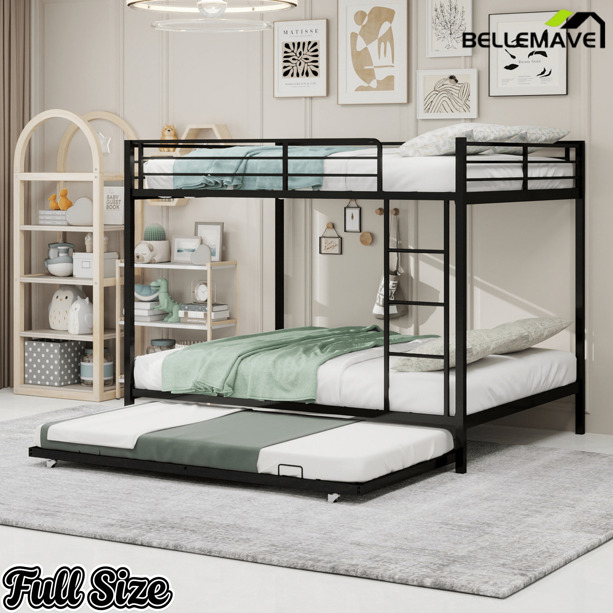 Bellemave® Bunk Bed with Trundle, Heavy Duty Metal Bunk Bed Frame with Safety Guardrails and Ladders for Small Bedroom, Kids, Teens, Adults - Bellemave